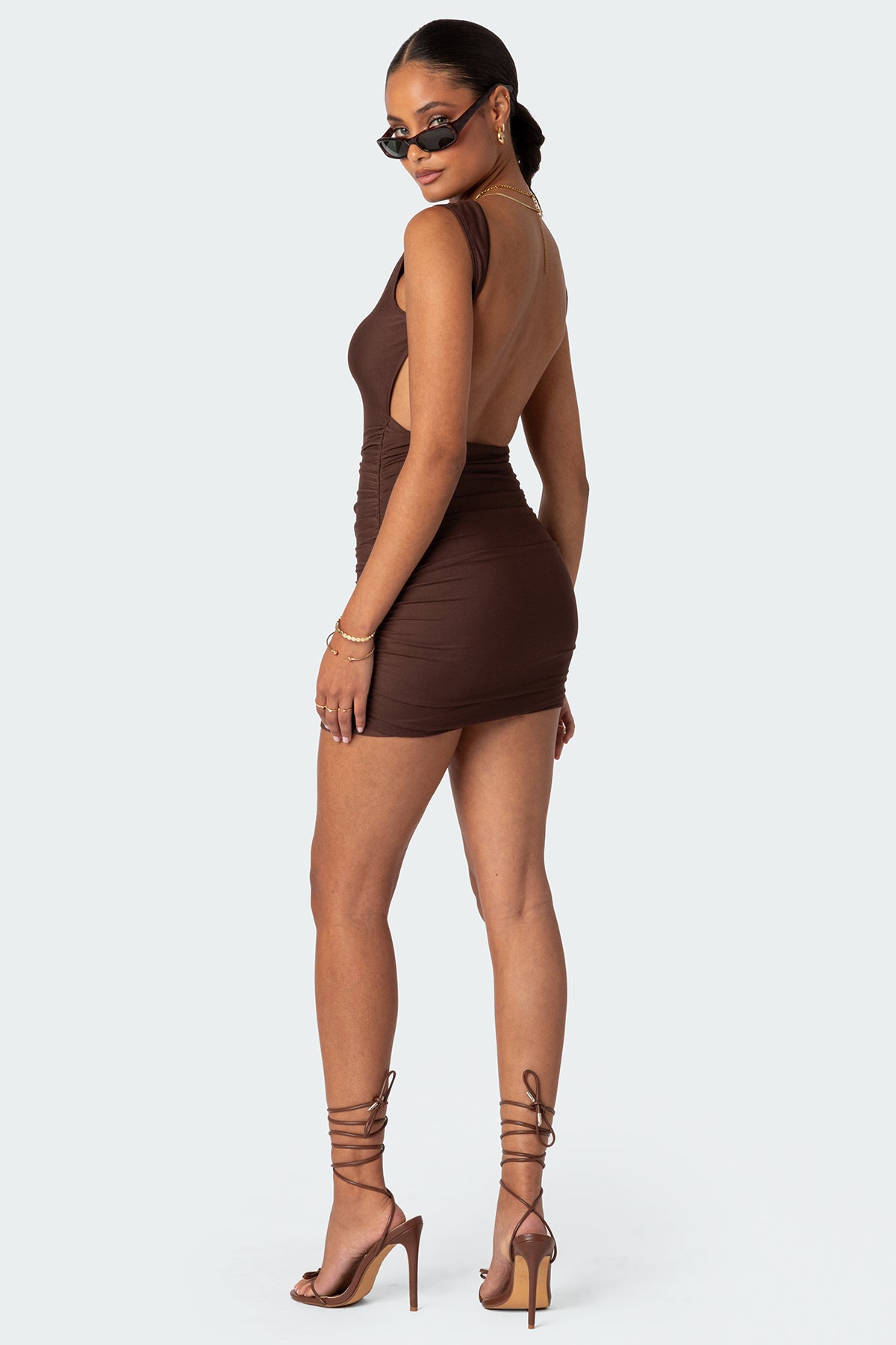 Mikey Ruched Open Back Mini Dress-Milans Time