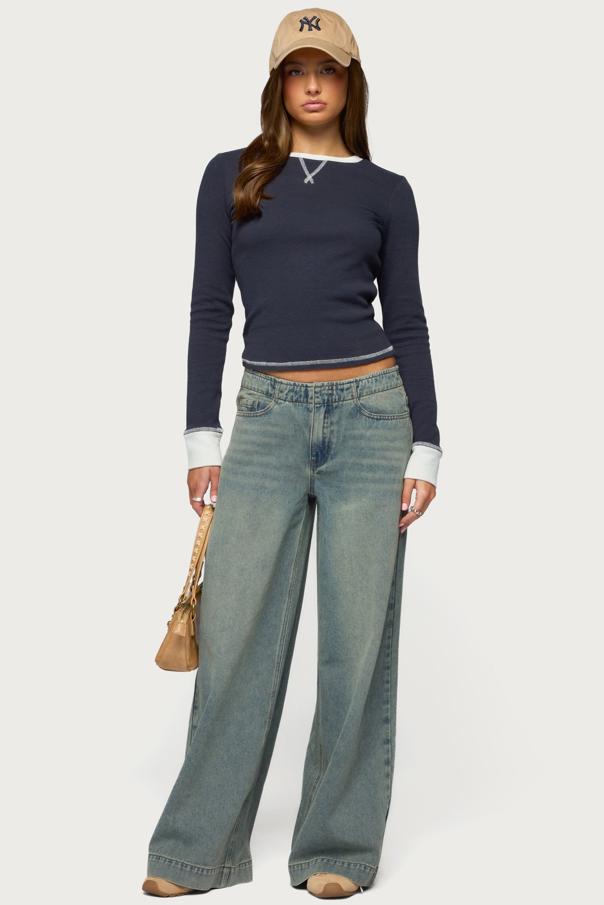 Rora Contrast Long Sleeve Waffle Top-Milans Time