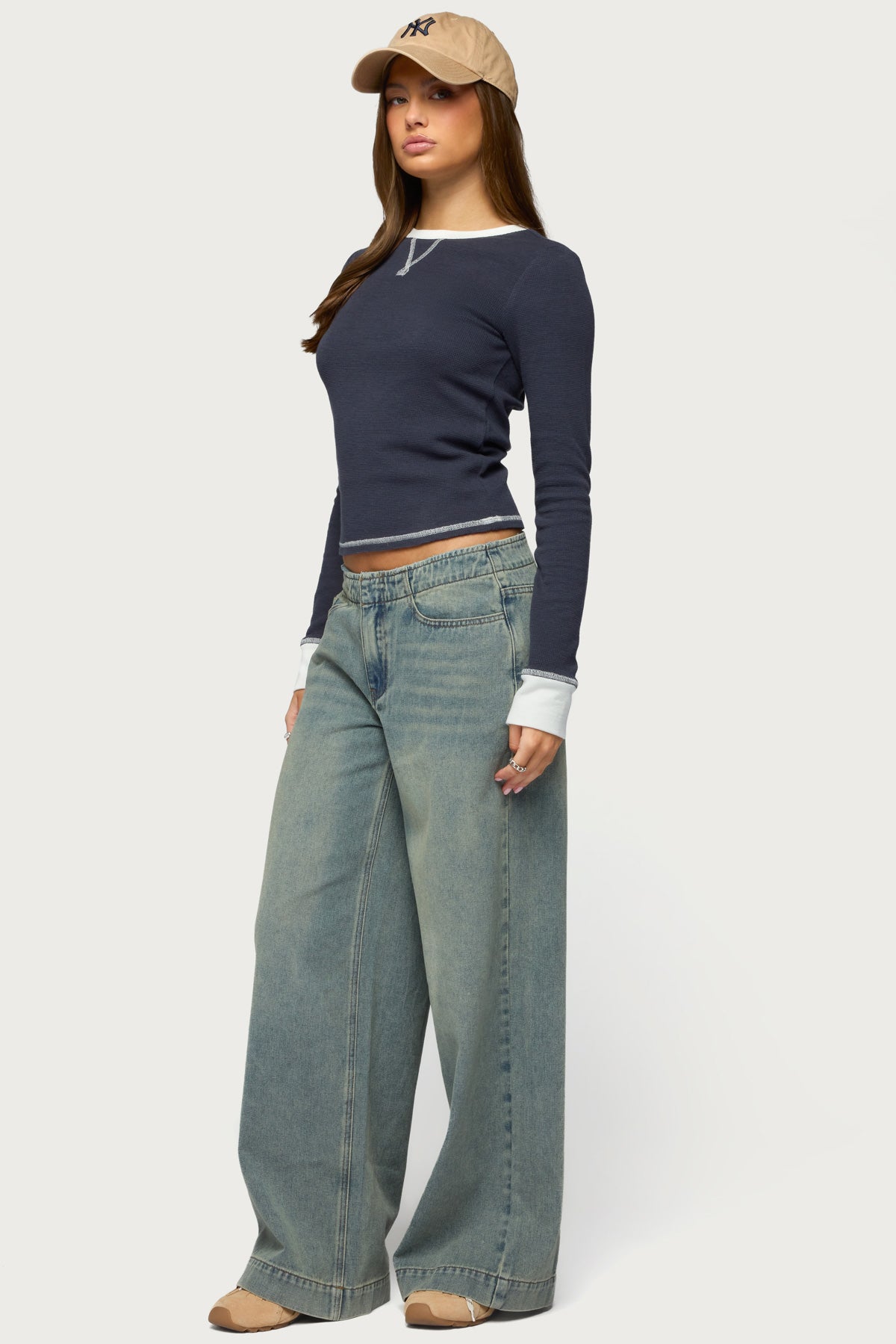 Rora Contrast Long Sleeve Waffle Top-Milans Time