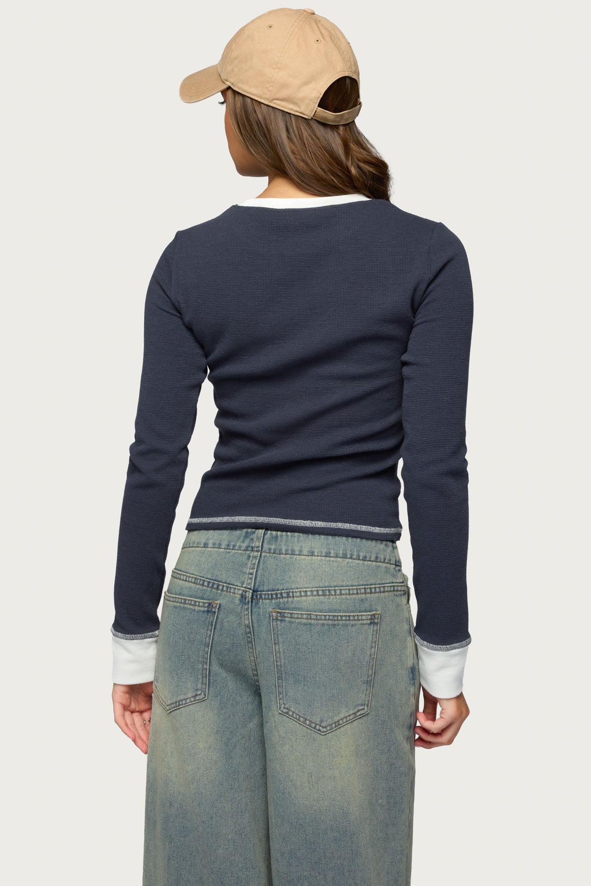 Rora Contrast Long Sleeve Waffle Top-Milans Time