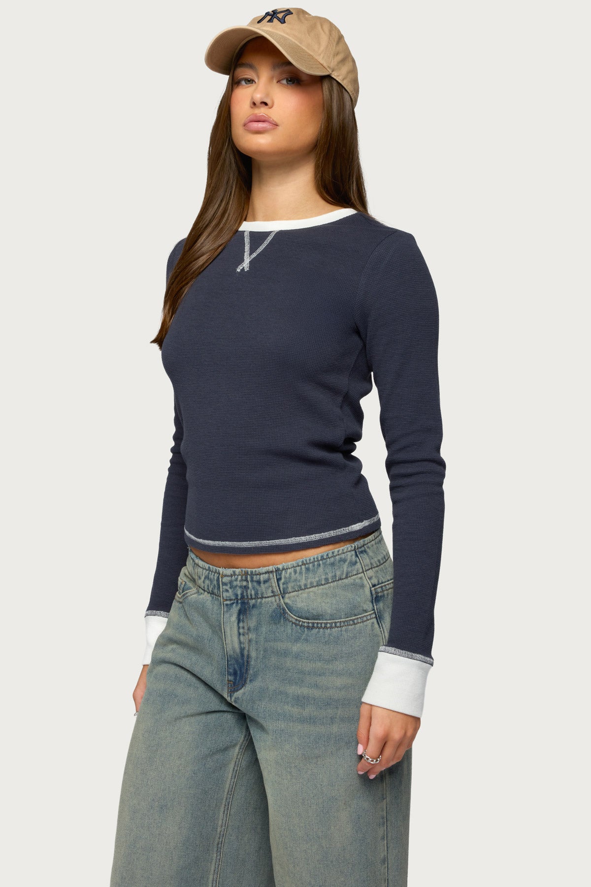 Rora Contrast Long Sleeve Waffle Top-Milans Time