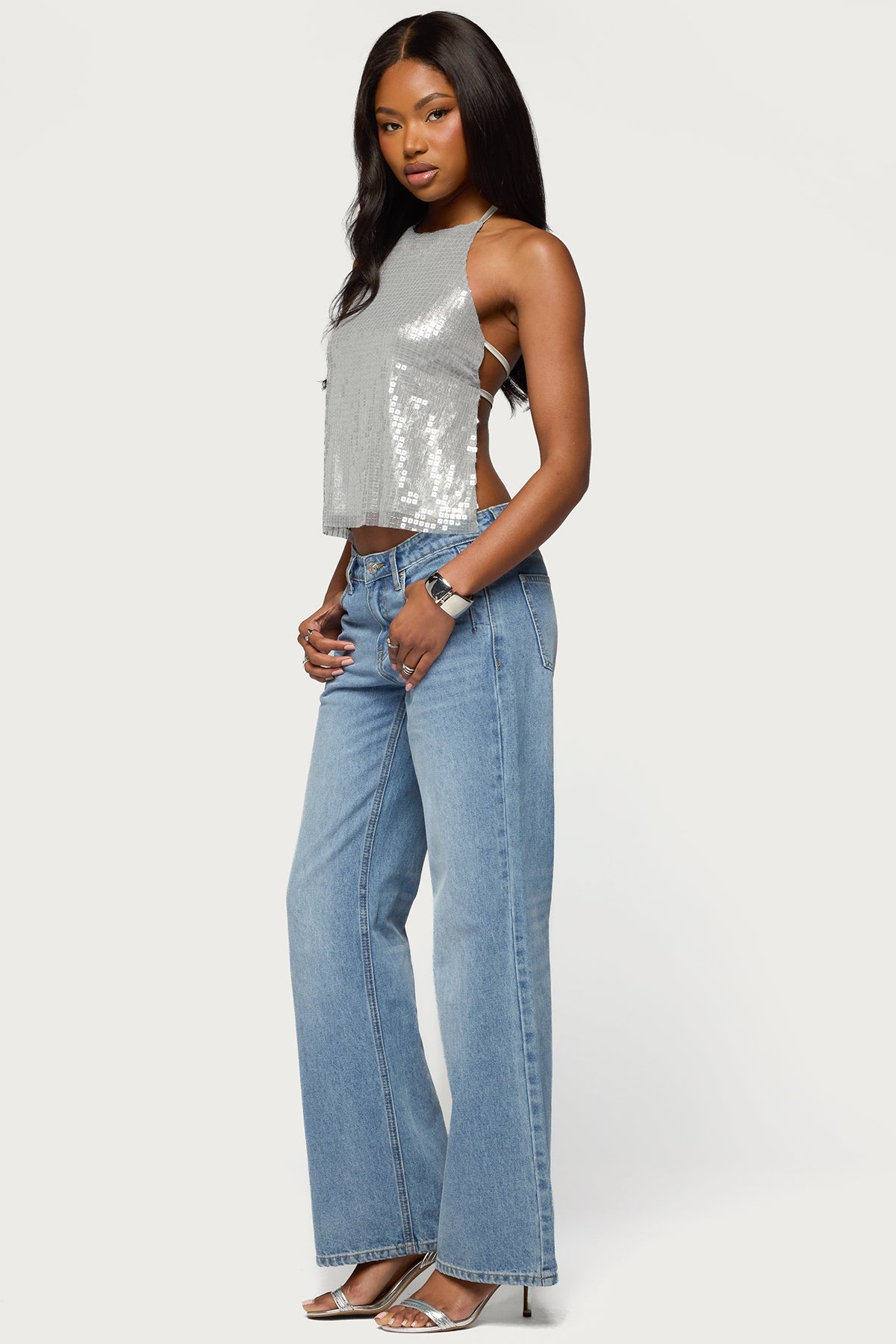 Itara Sequin Backless Halter Top-Milans Time