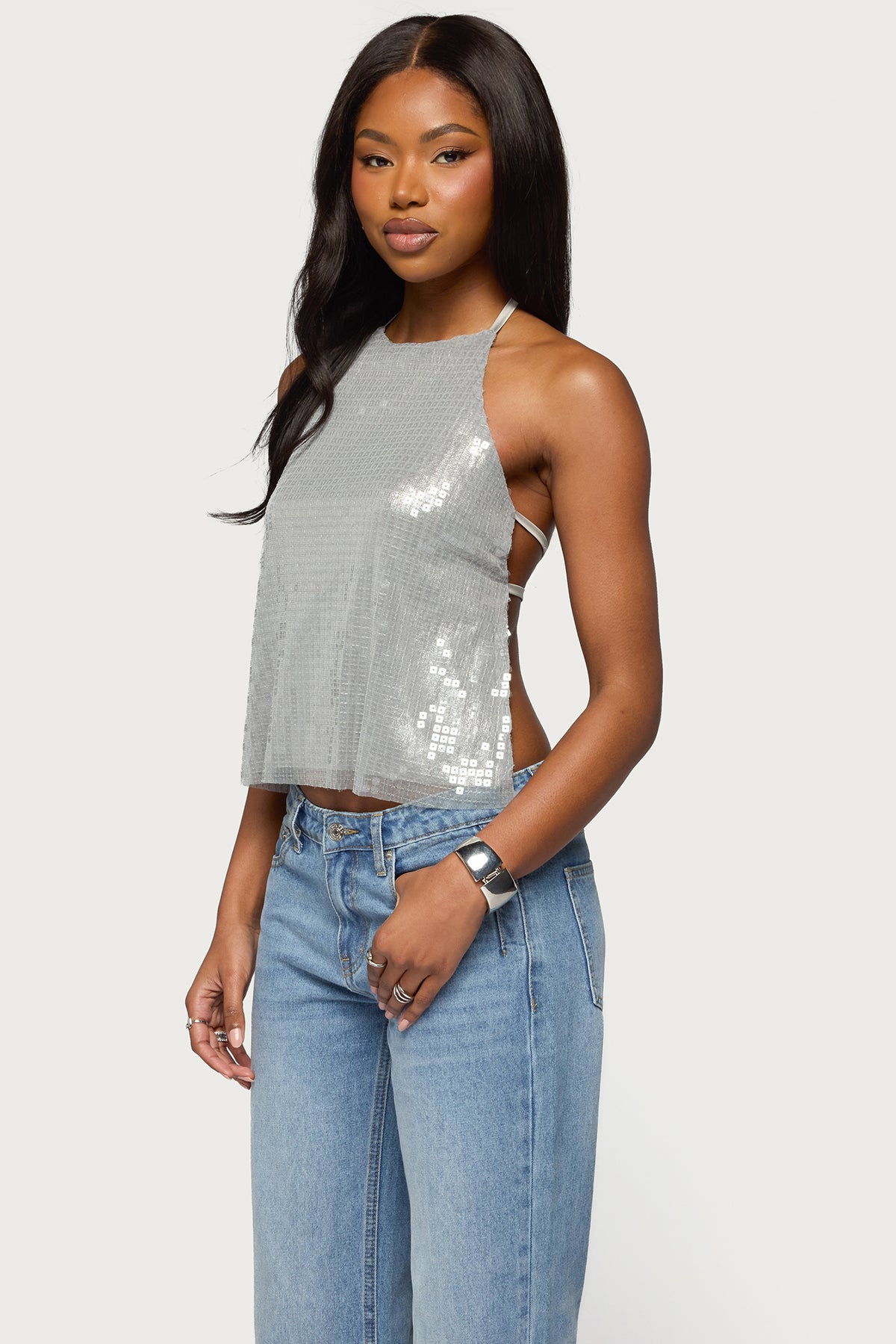 Itara Sequin Backless Halter Top-Milans Time