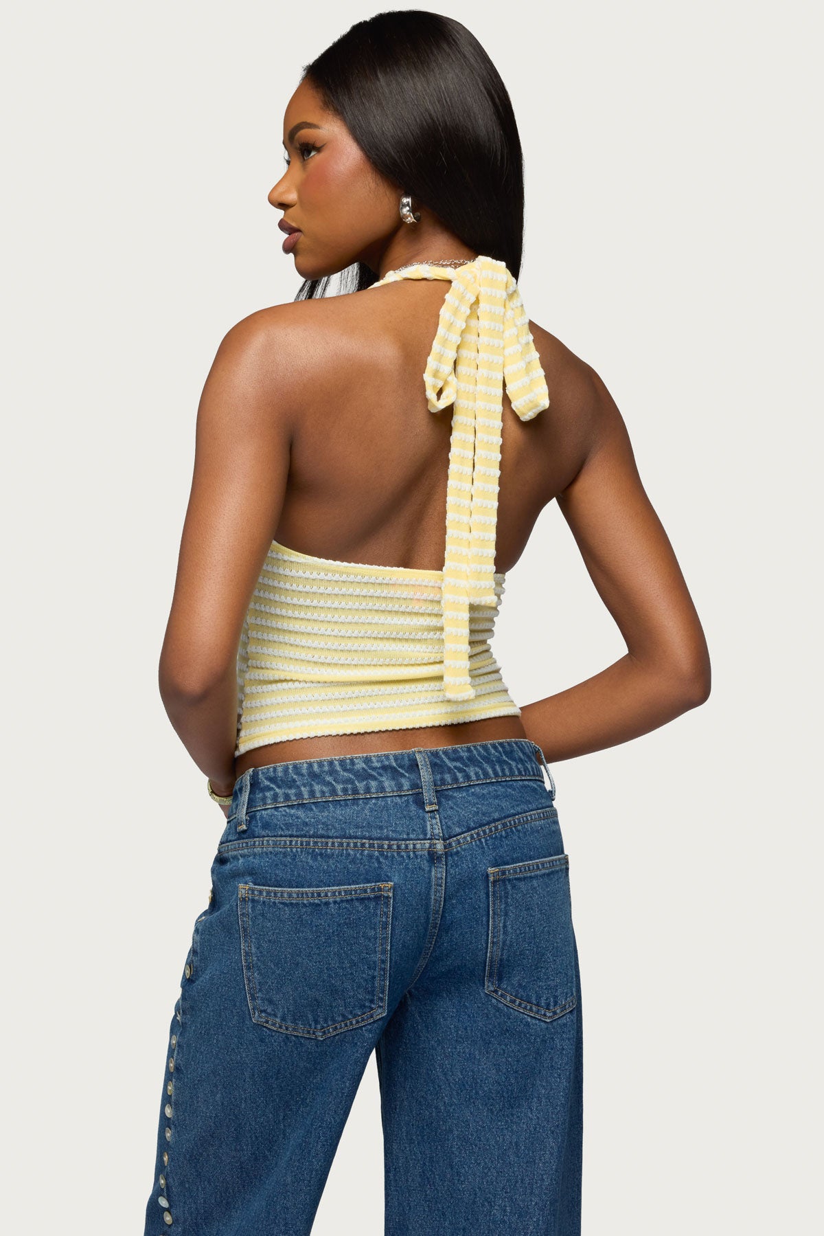 Maylah Keyhole Striped Textured Halter Top-Milans Time