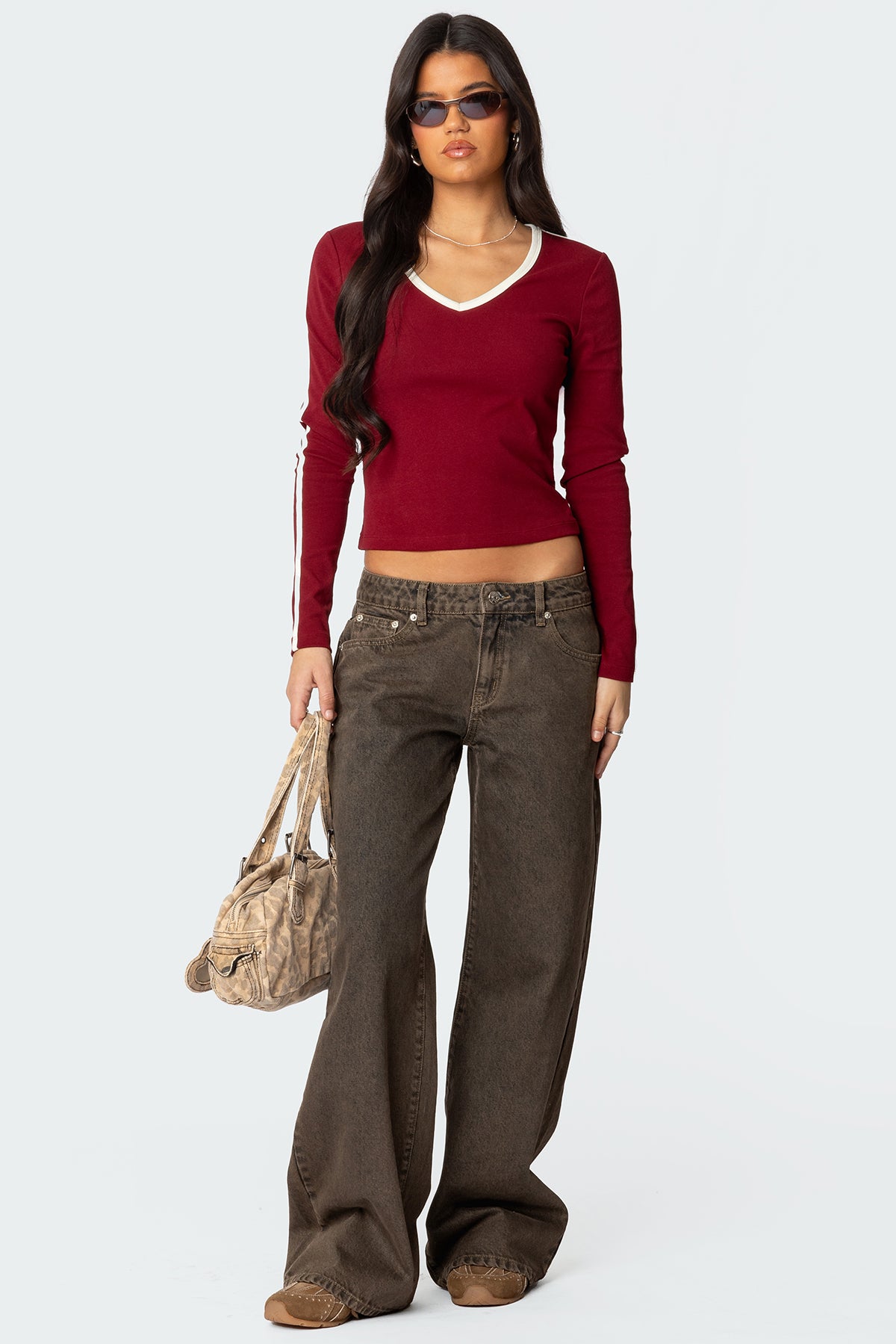 Contrast V Neck Long Sleeve T Shirt-Milans Time