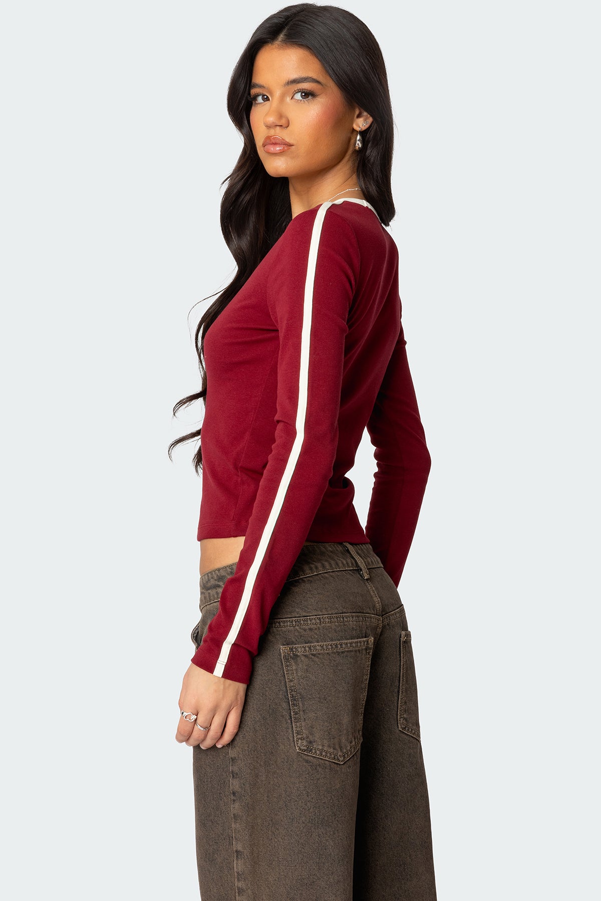 Contrast V Neck Long Sleeve T Shirt-Milans Time
