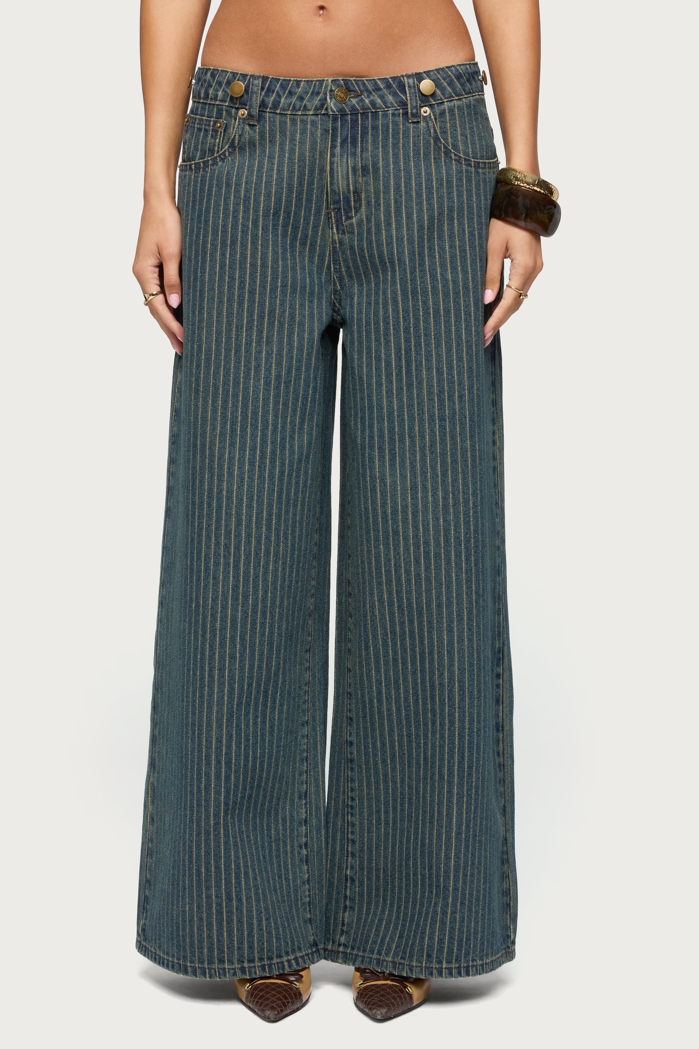 Button Pinstripe Low Rise Baggy Jeans-Milans Time
