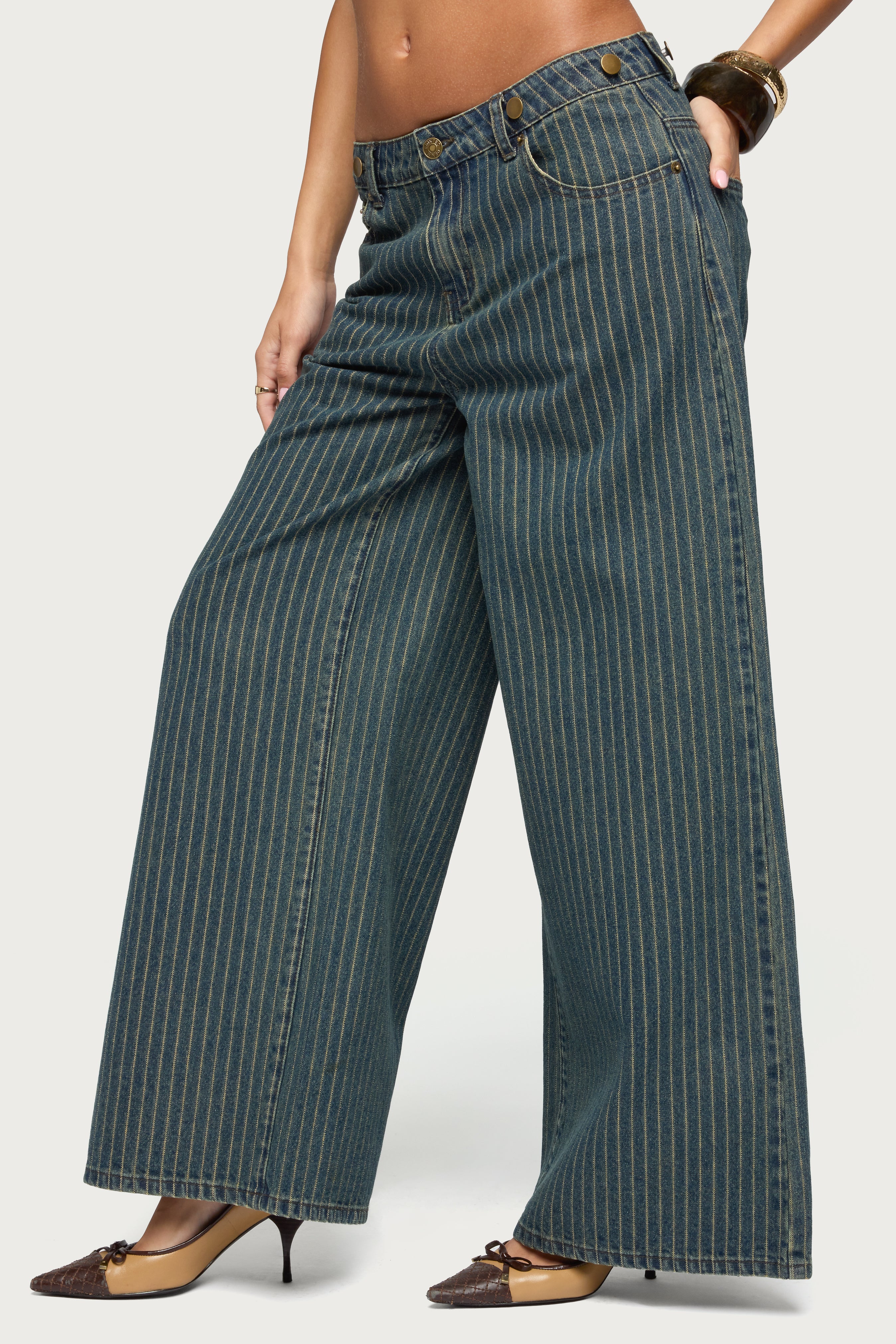 Button Pinstripe Low Rise Baggy Jeans-Milans Time