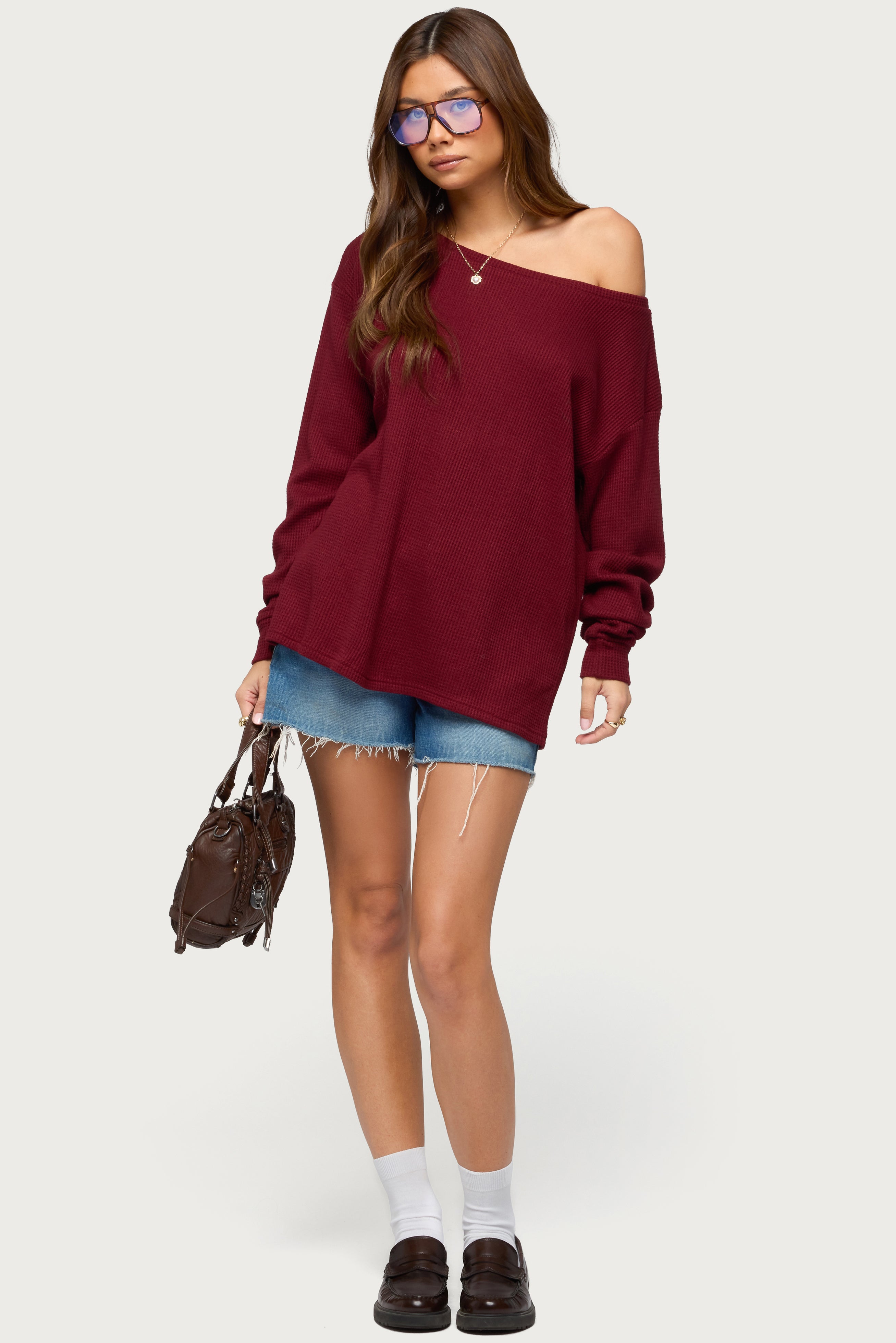 Damari Off Shoulder Oversized Waffle Top-Milans Time