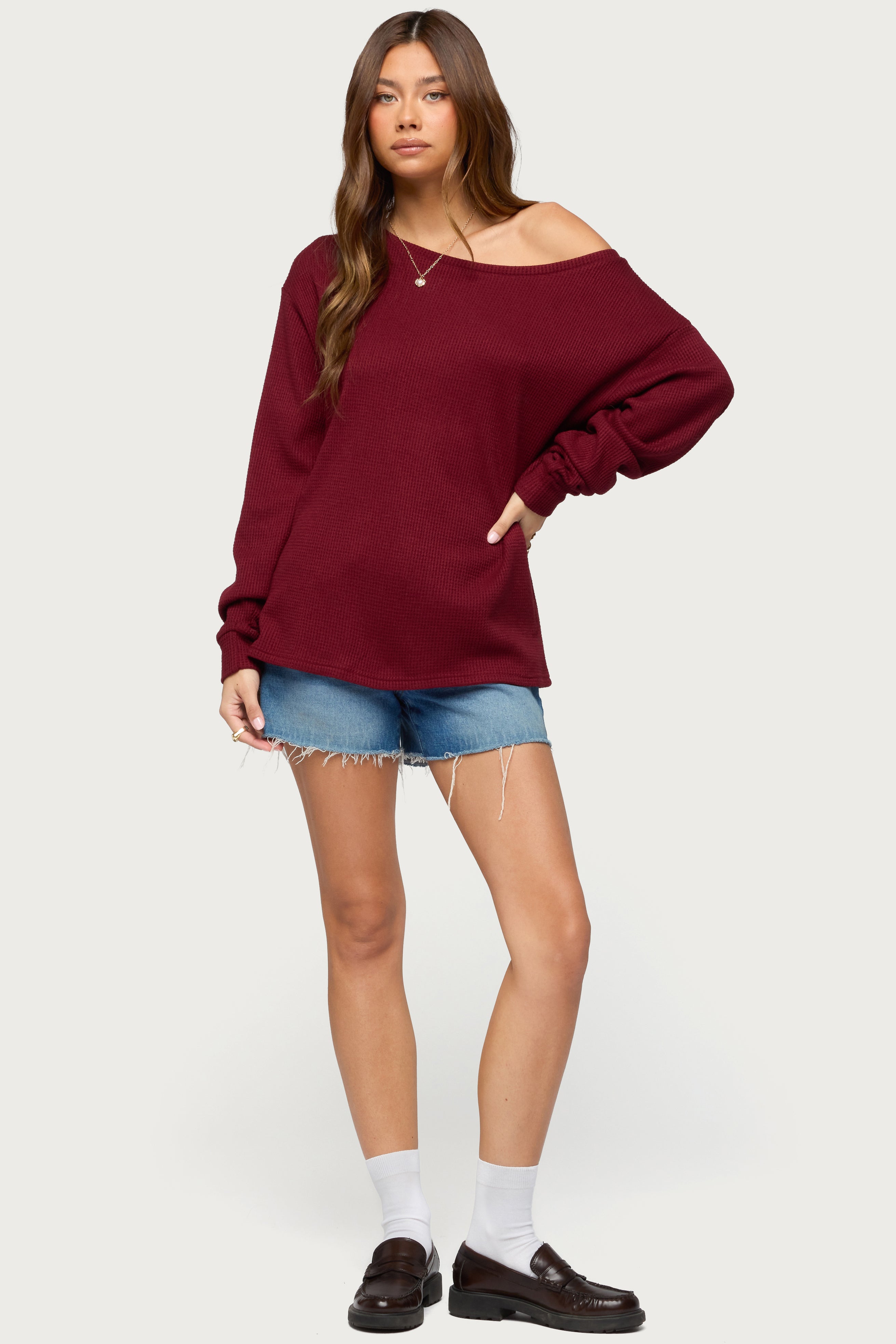 Damari Off Shoulder Oversized Waffle Top-Milans Time