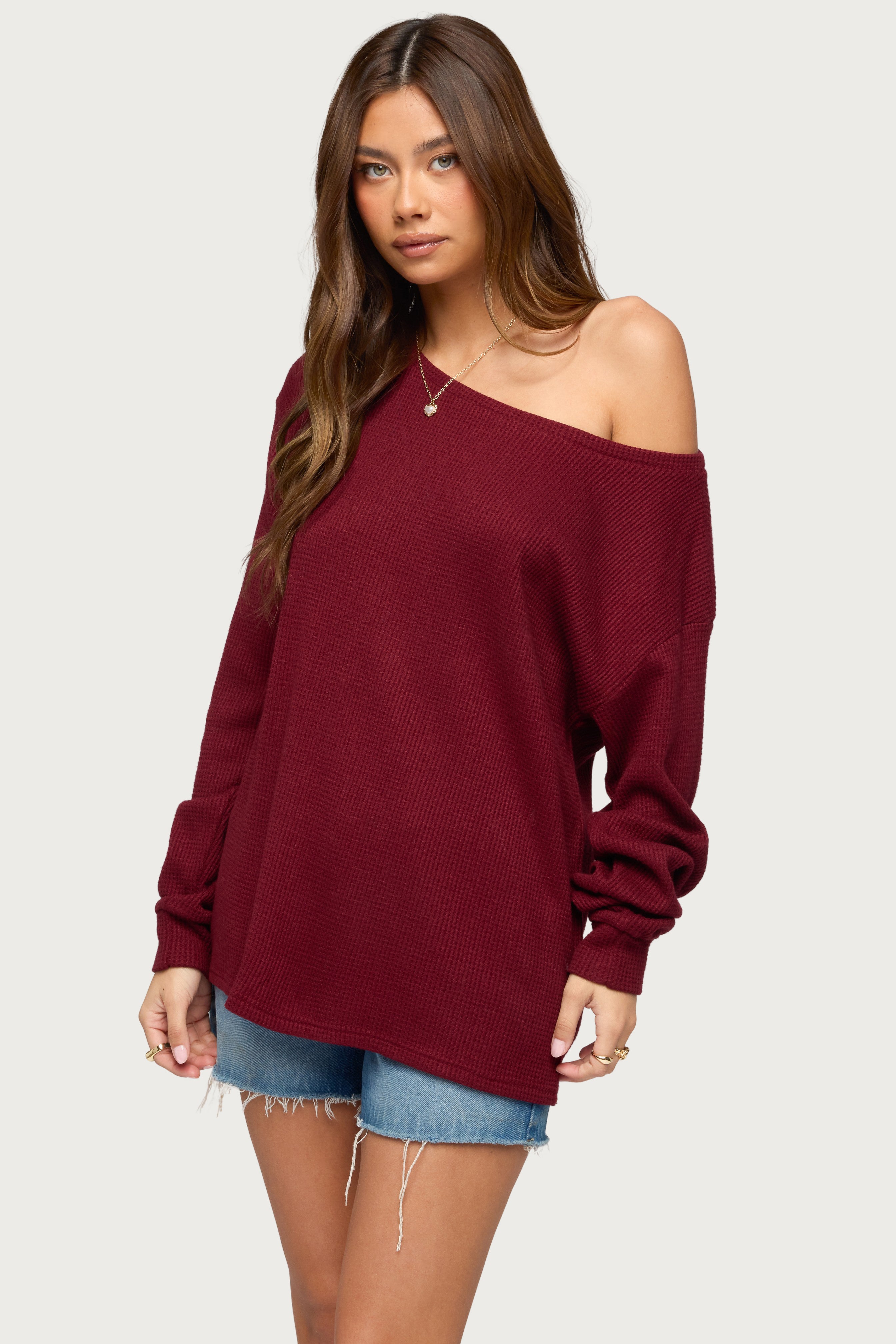 Damari Off Shoulder Oversized Waffle Top-Milans Time