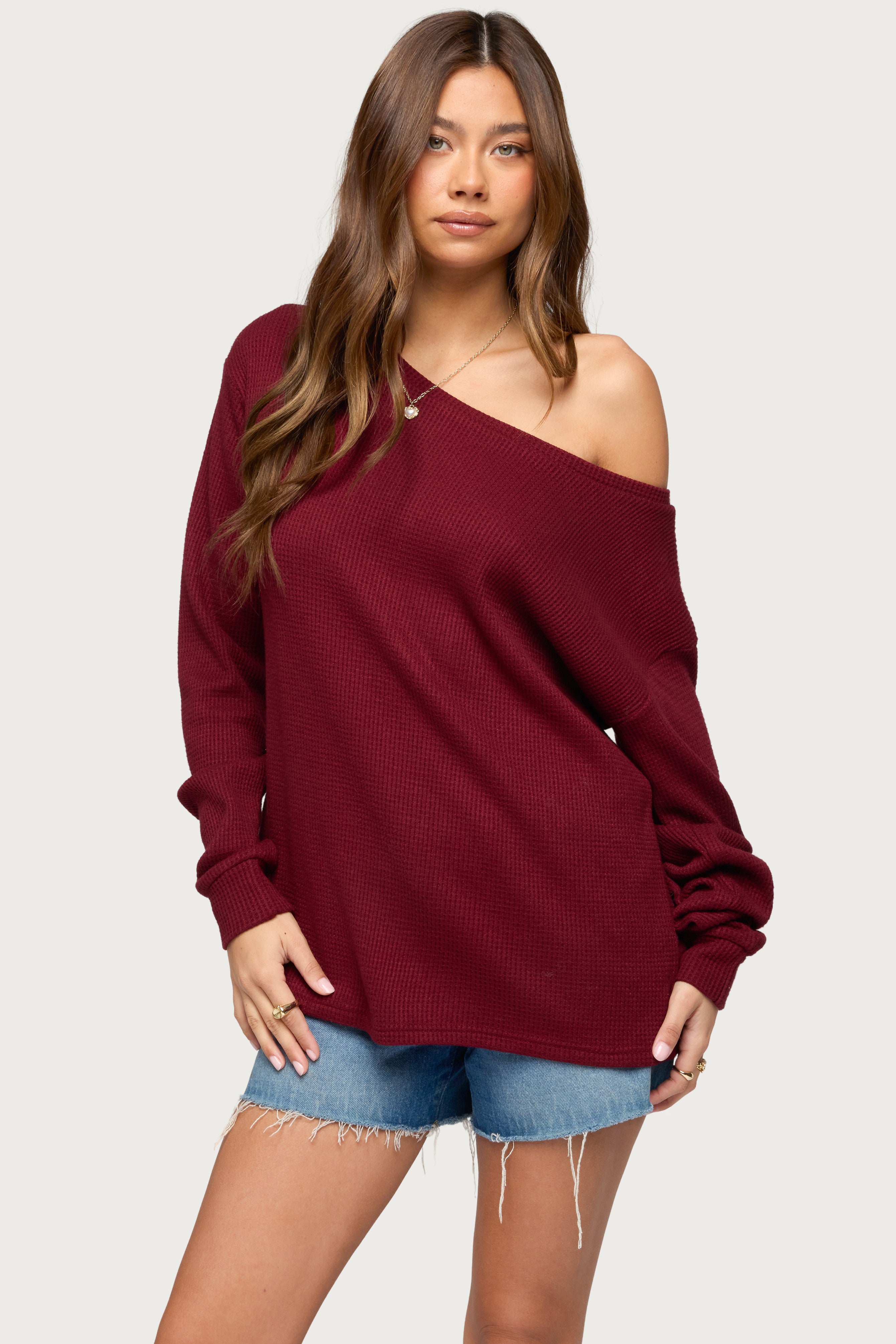 Damari Off Shoulder Oversized Waffle Top-Milans Time