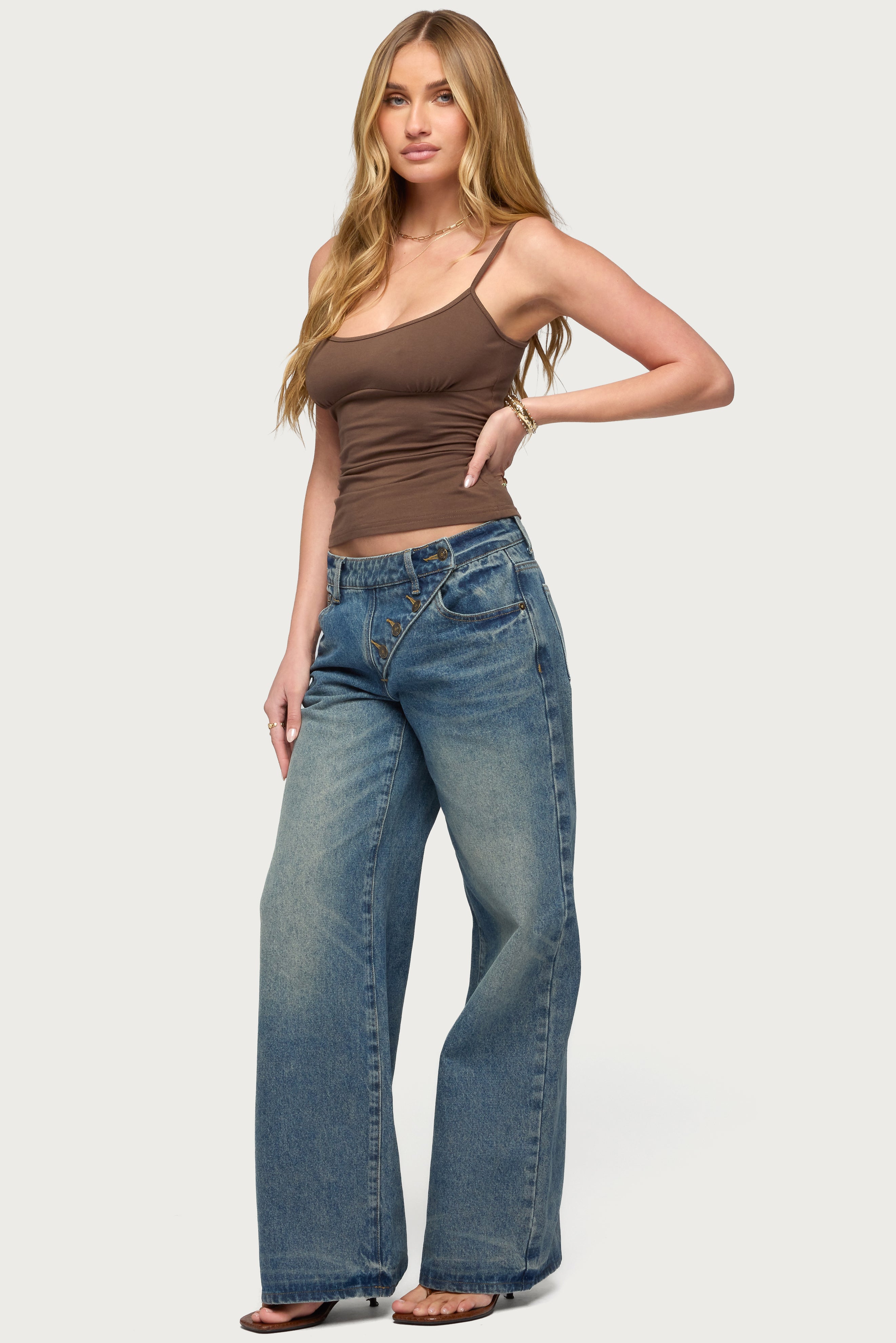 Moxlan Slanted Button Low Rise Baggy Jeans-Milans Time