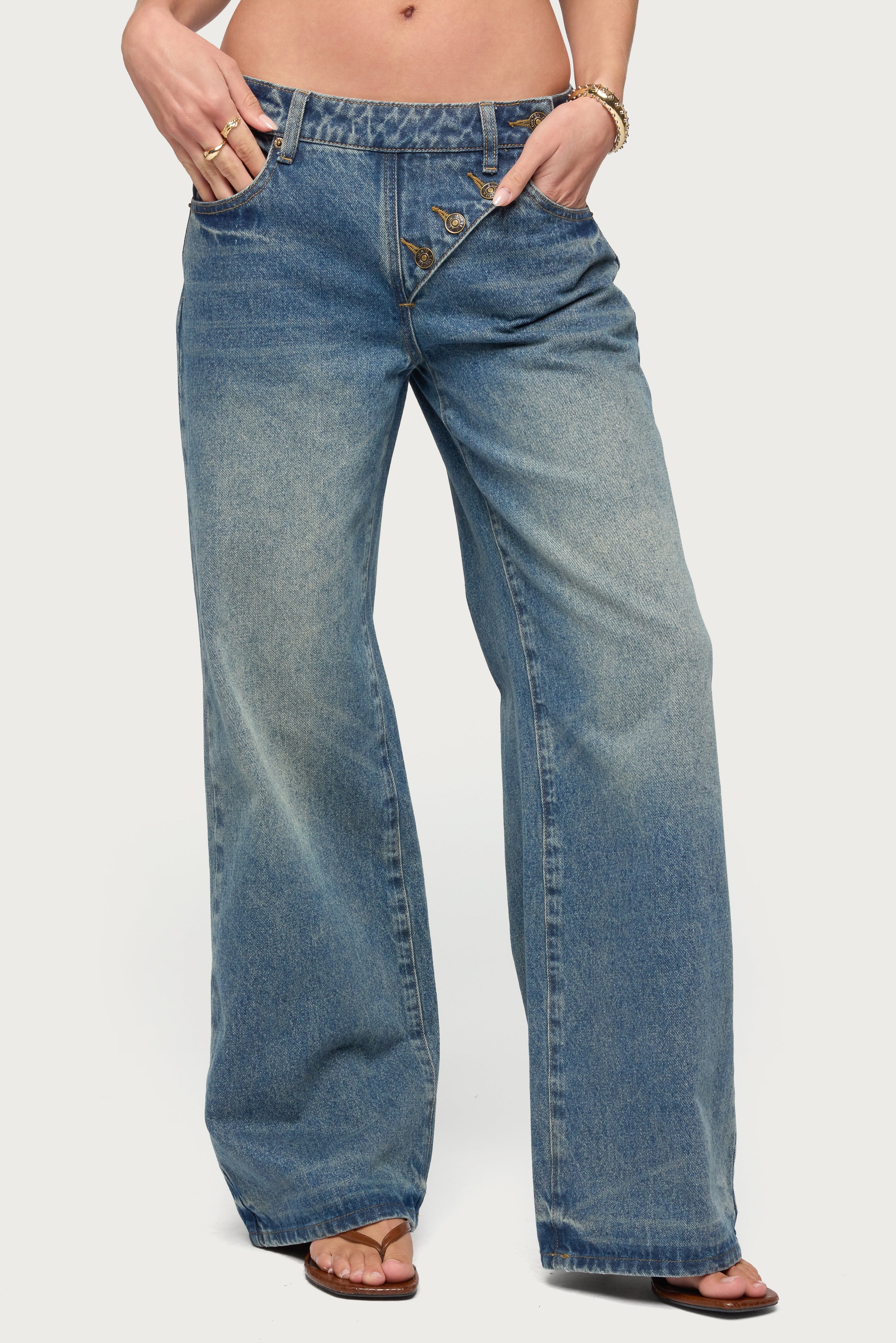 Moxlan Slanted Button Low Rise Baggy Jeans-Milans Time