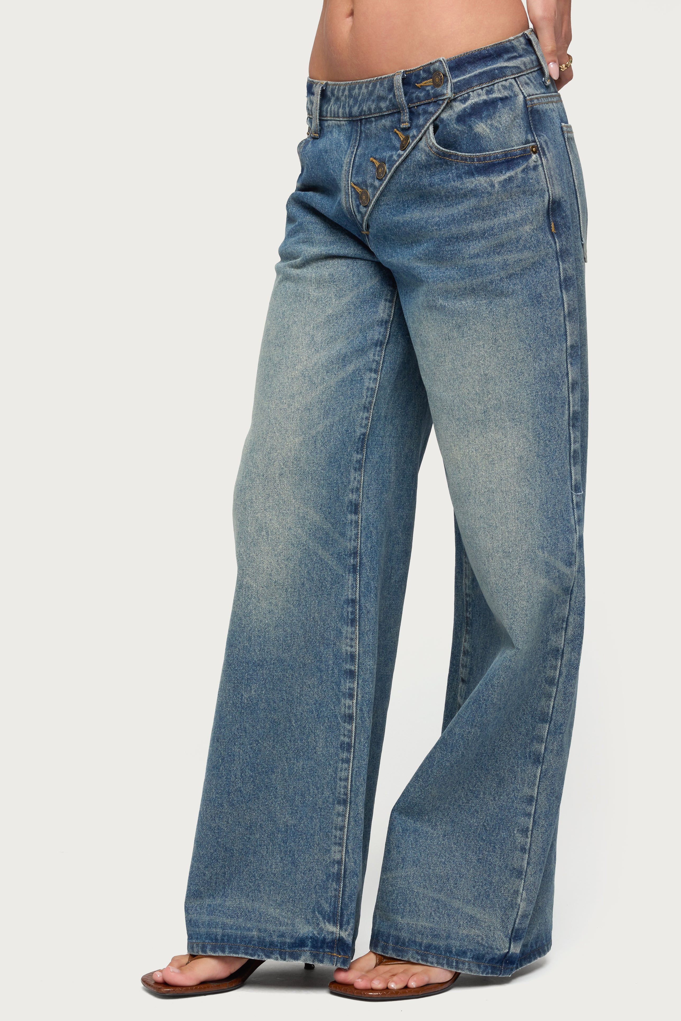 Moxlan Slanted Button Low Rise Baggy Jeans-Milans Time