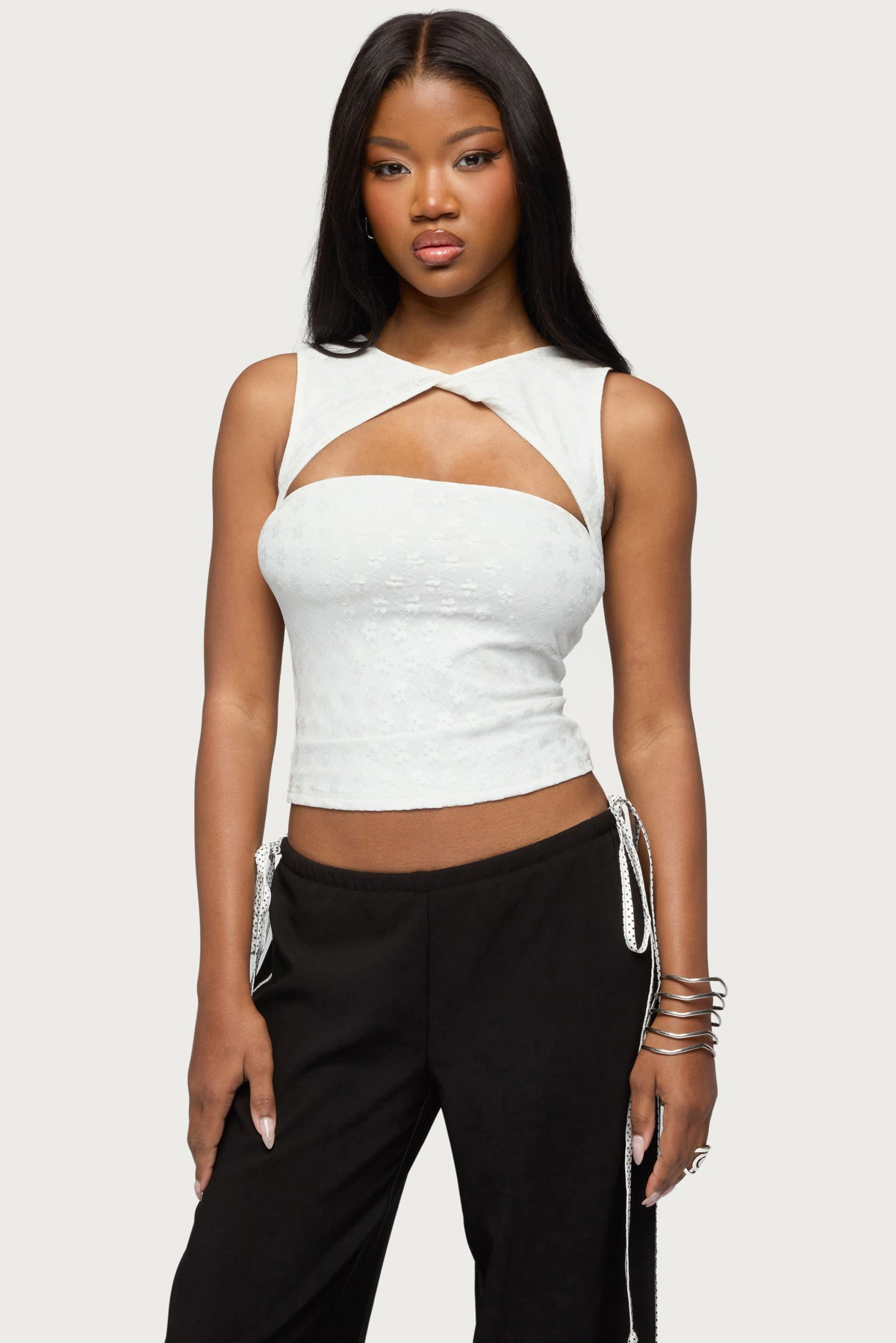 Elisia Twist Cutout Flower Lace Top-Milans Time