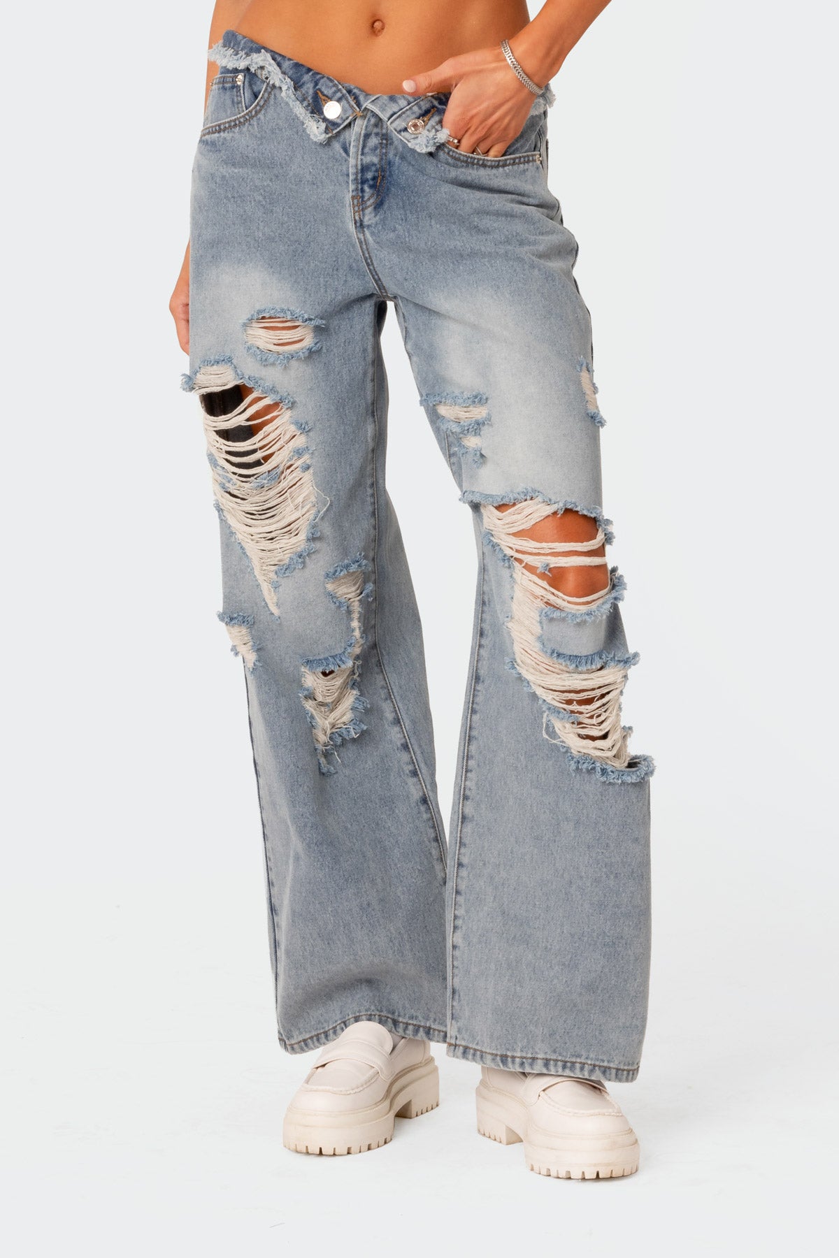 Distressed Fold Over Low Rise Wide Leg Jeans-Milans Time