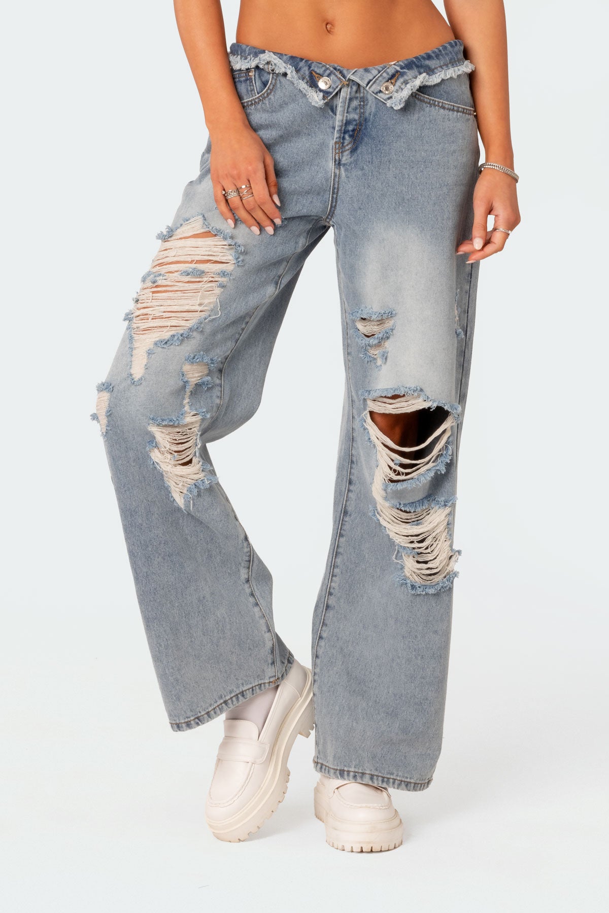 Distressed Fold Over Low Rise Wide Leg Jeans-Milans Time