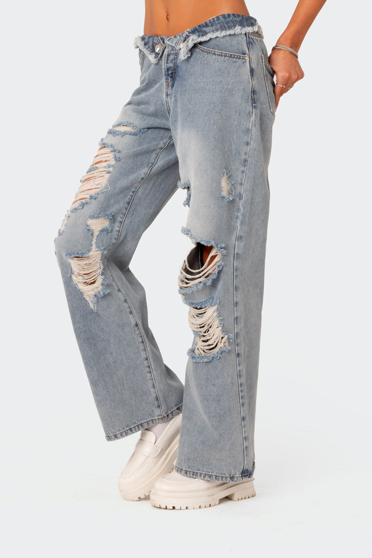 Distressed Fold Over Low Rise Wide Leg Jeans-Milans Time