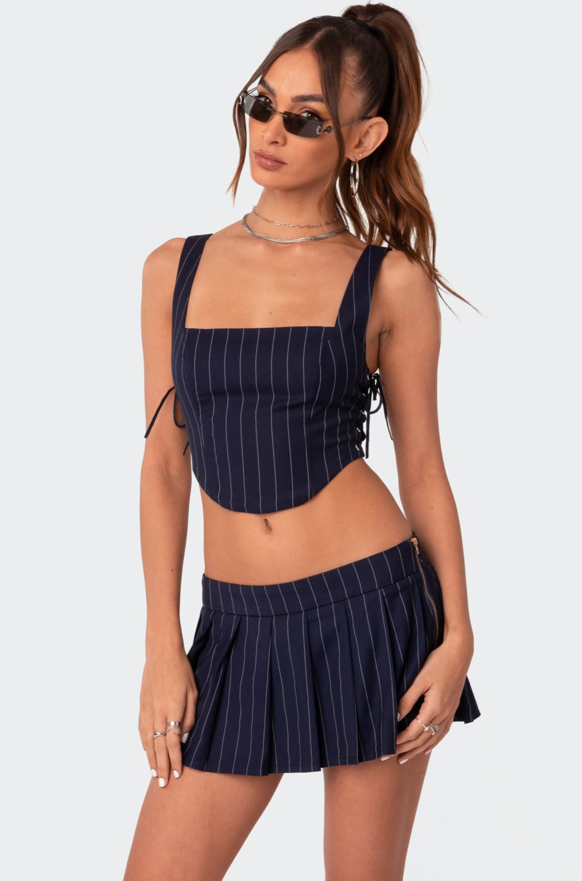 Pinstripe Side Lace Up Corset-Milans Time
