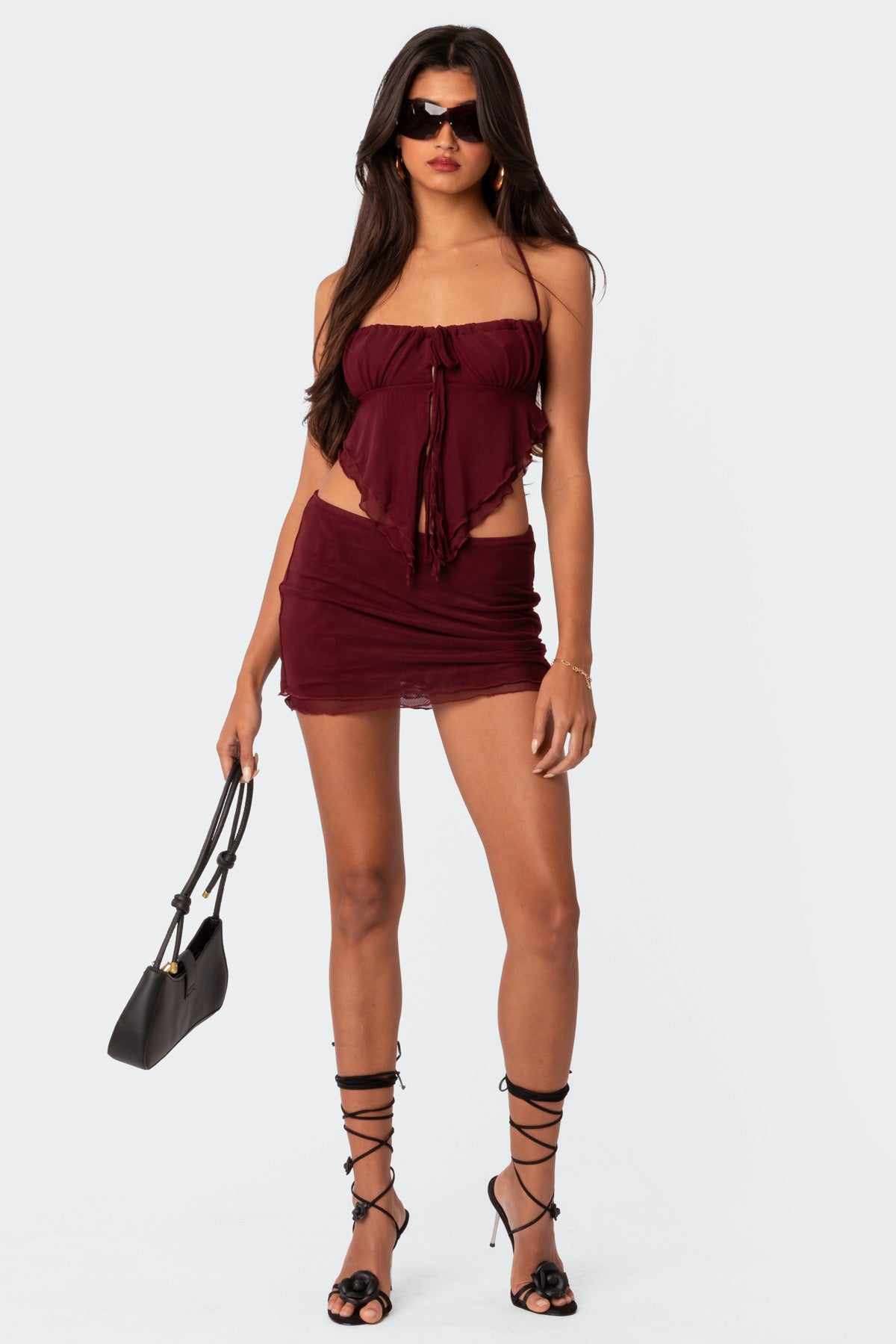 Ariyah Open Tie Back Ruffle Mesh Top-Milans Time