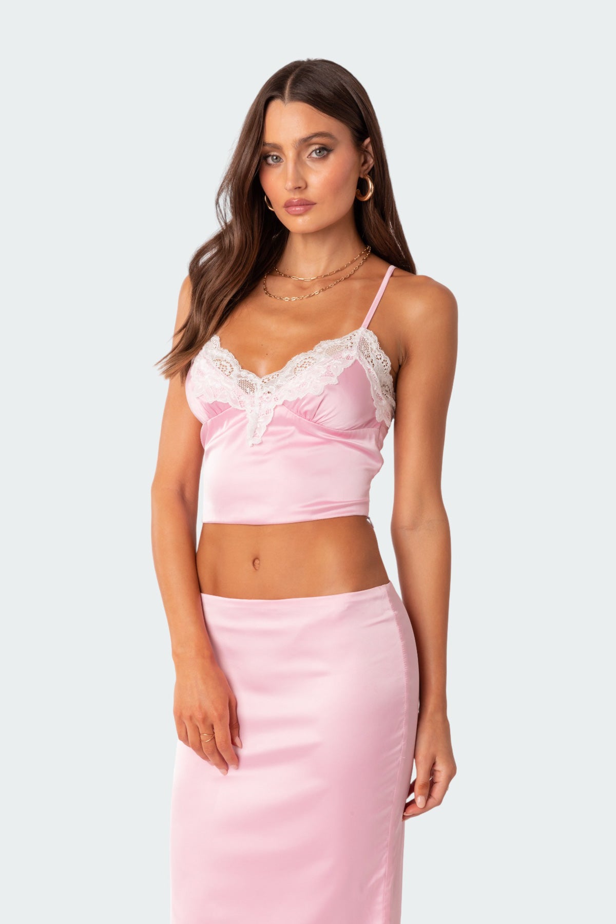 Brandi Lace Trim Satin Effect Tank Top-Milans Time