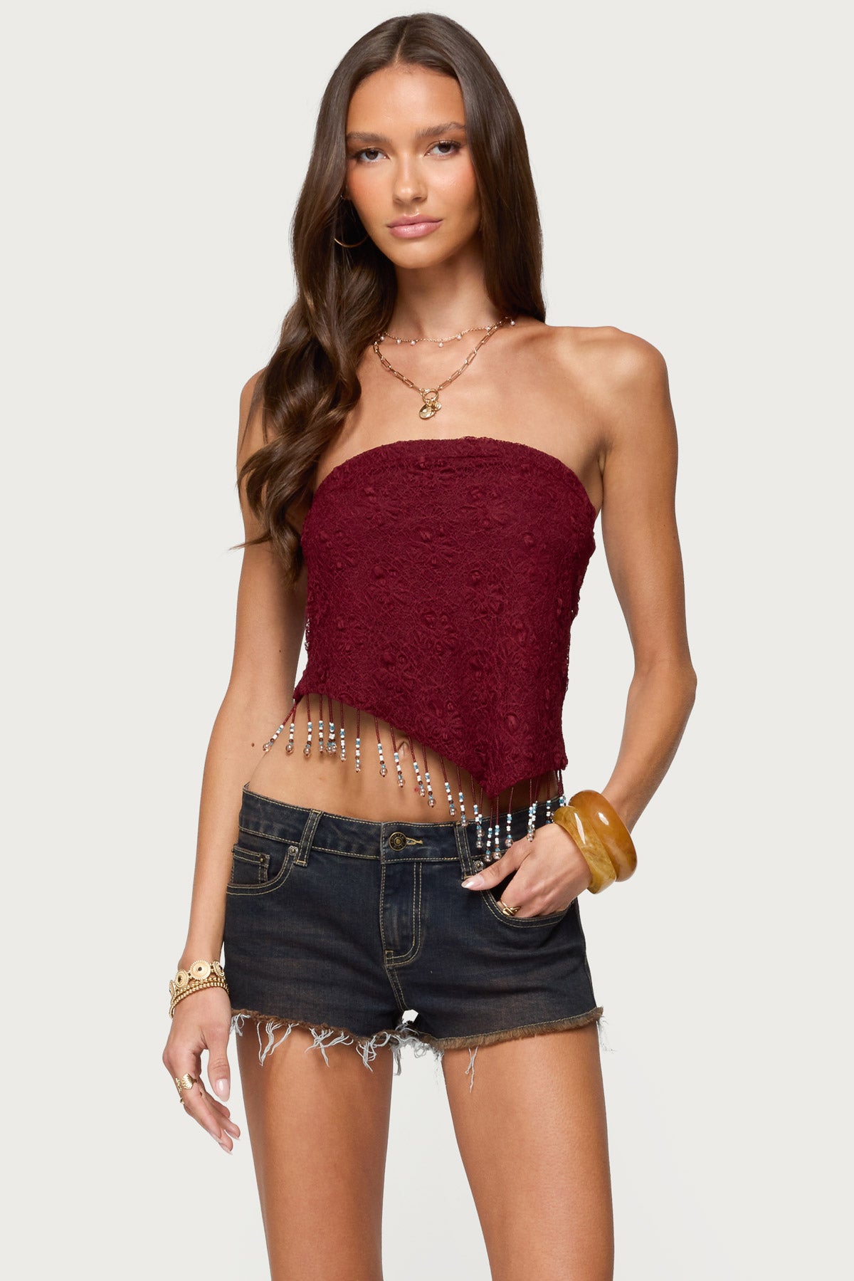 Textured Asymmetric Bead Fringe Strapless Top-Milans Time