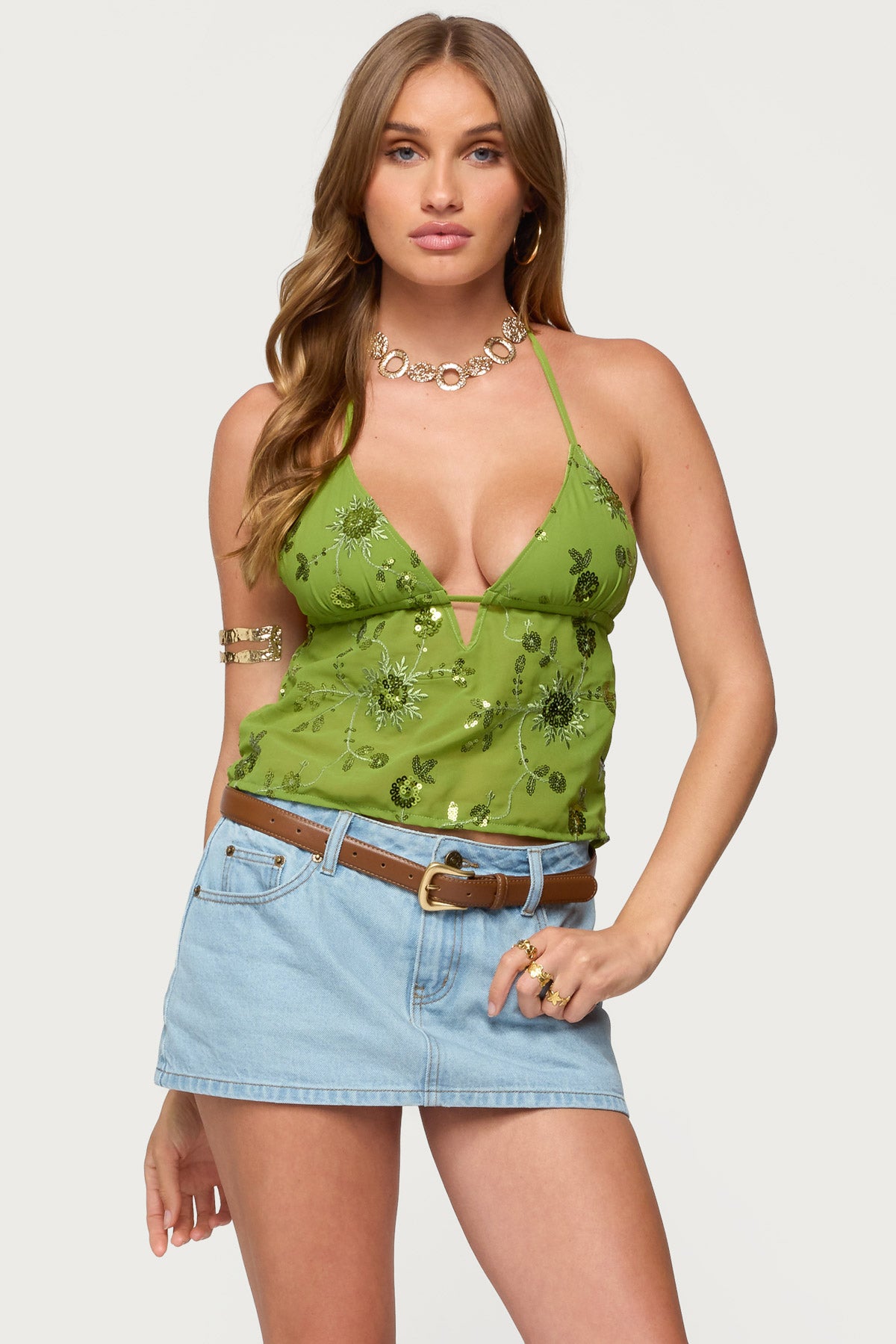 Kiki Sequin Floral Chiffon Halter Top-Milans Time
