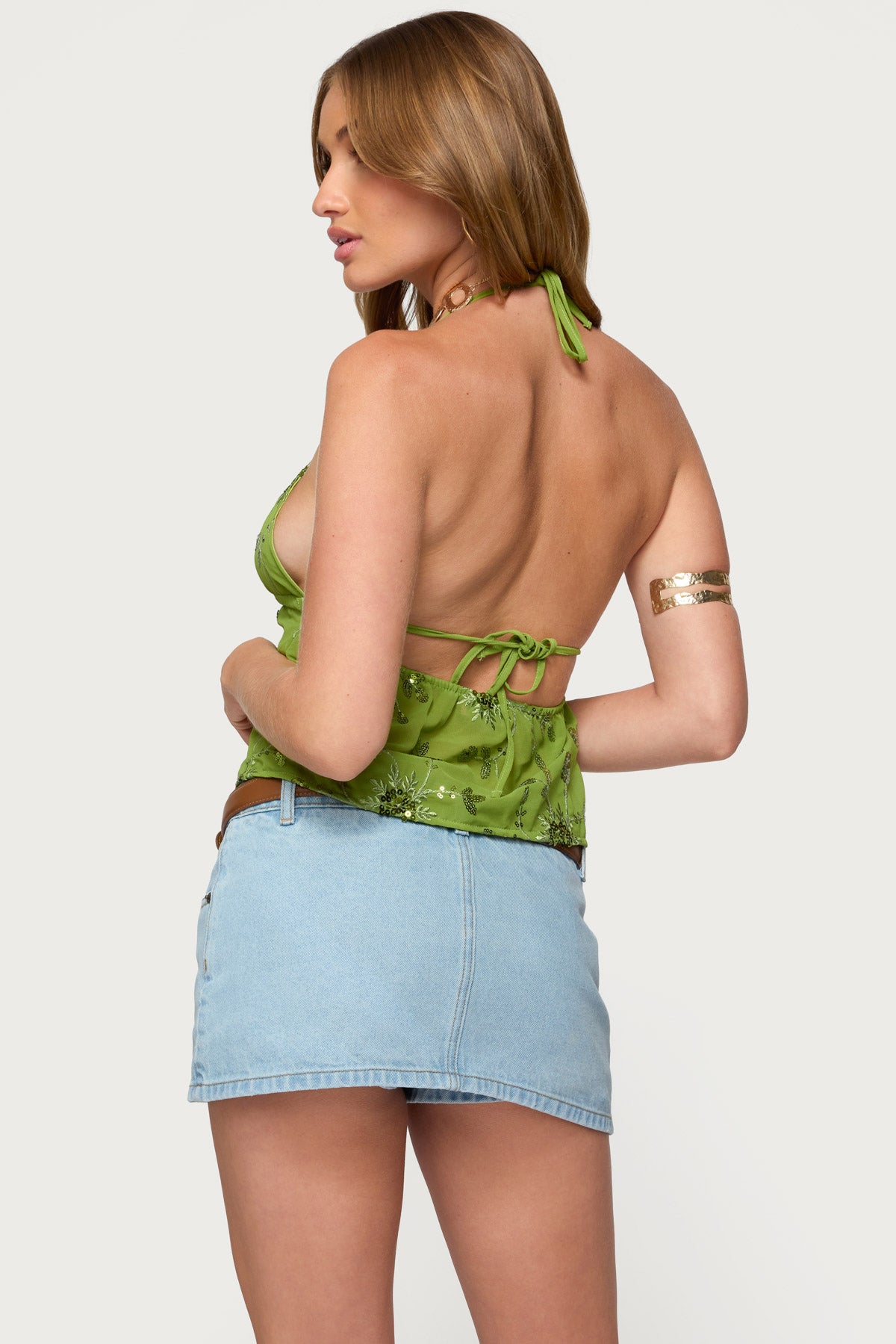 Kiki Sequin Floral Chiffon Halter Top-Milans Time