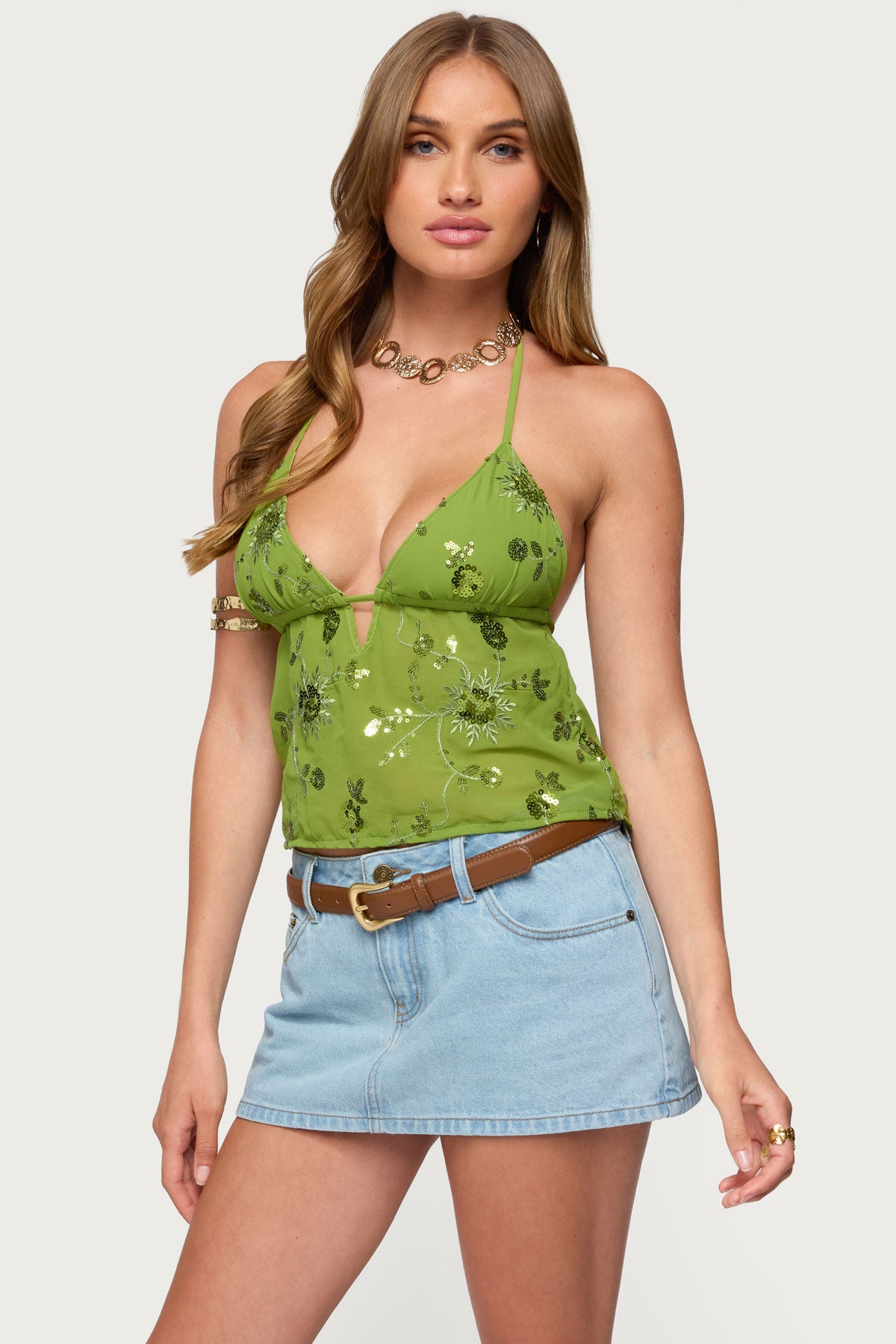 Kiki Sequin Floral Chiffon Halter Top-Milans Time