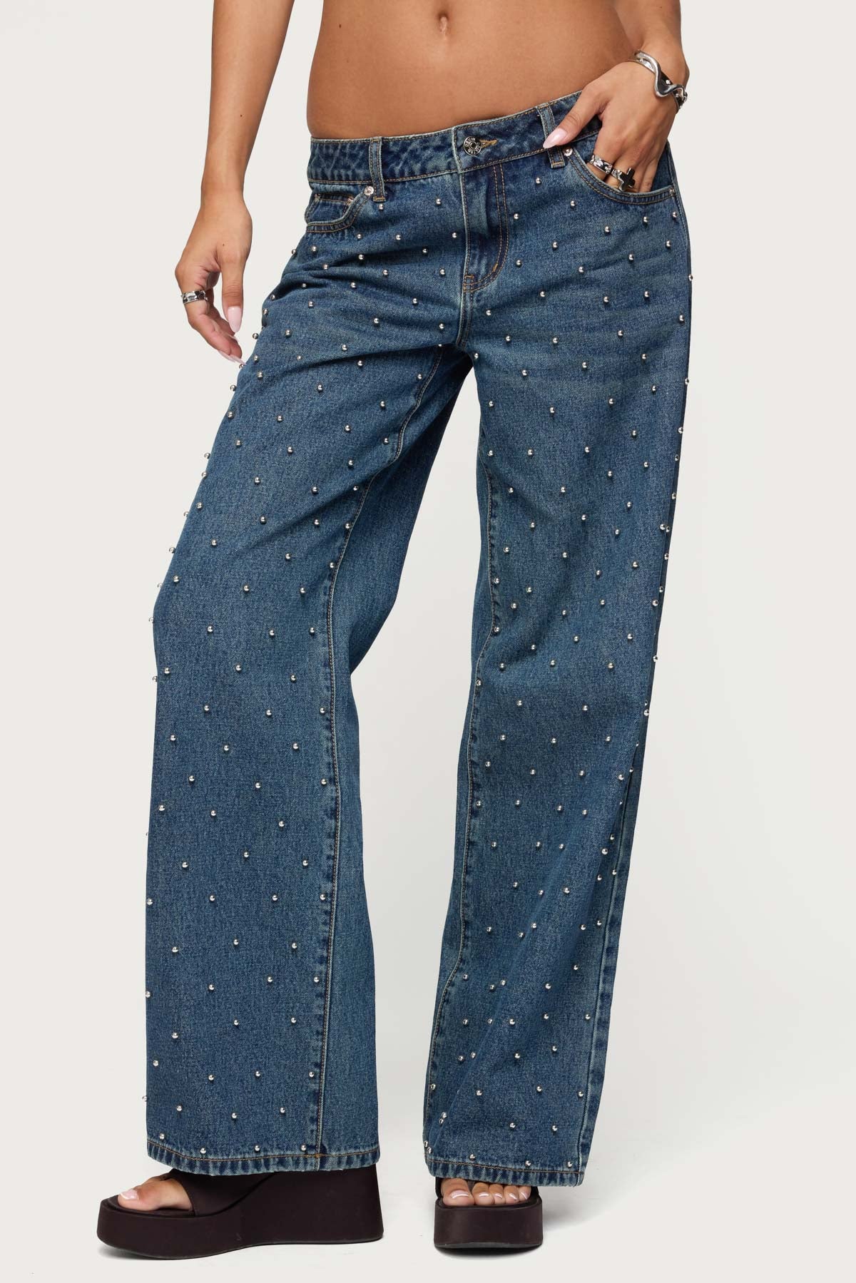 Esmay Studded Low Rise Baggy Jeans-Milans Time