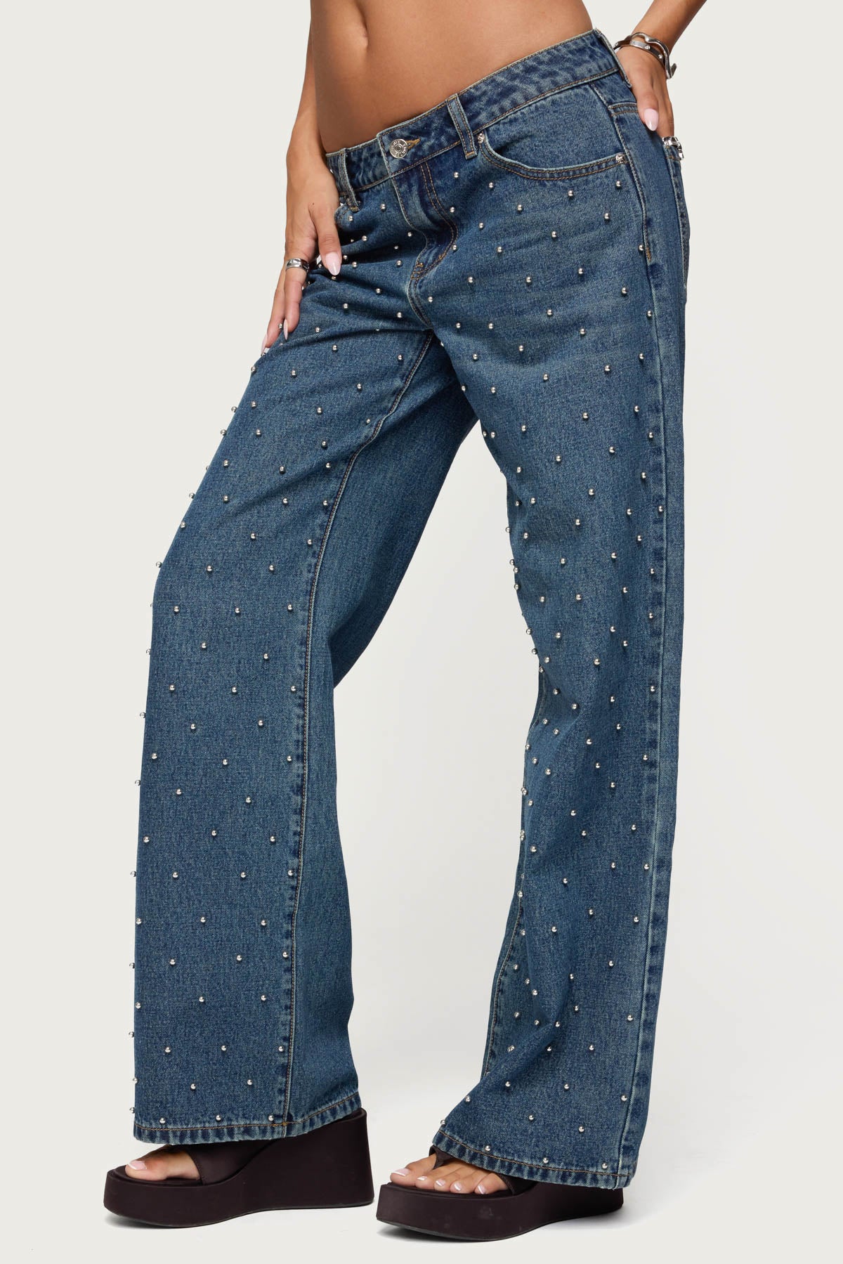 Esmay Studded Low Rise Baggy Jeans-Milans Time