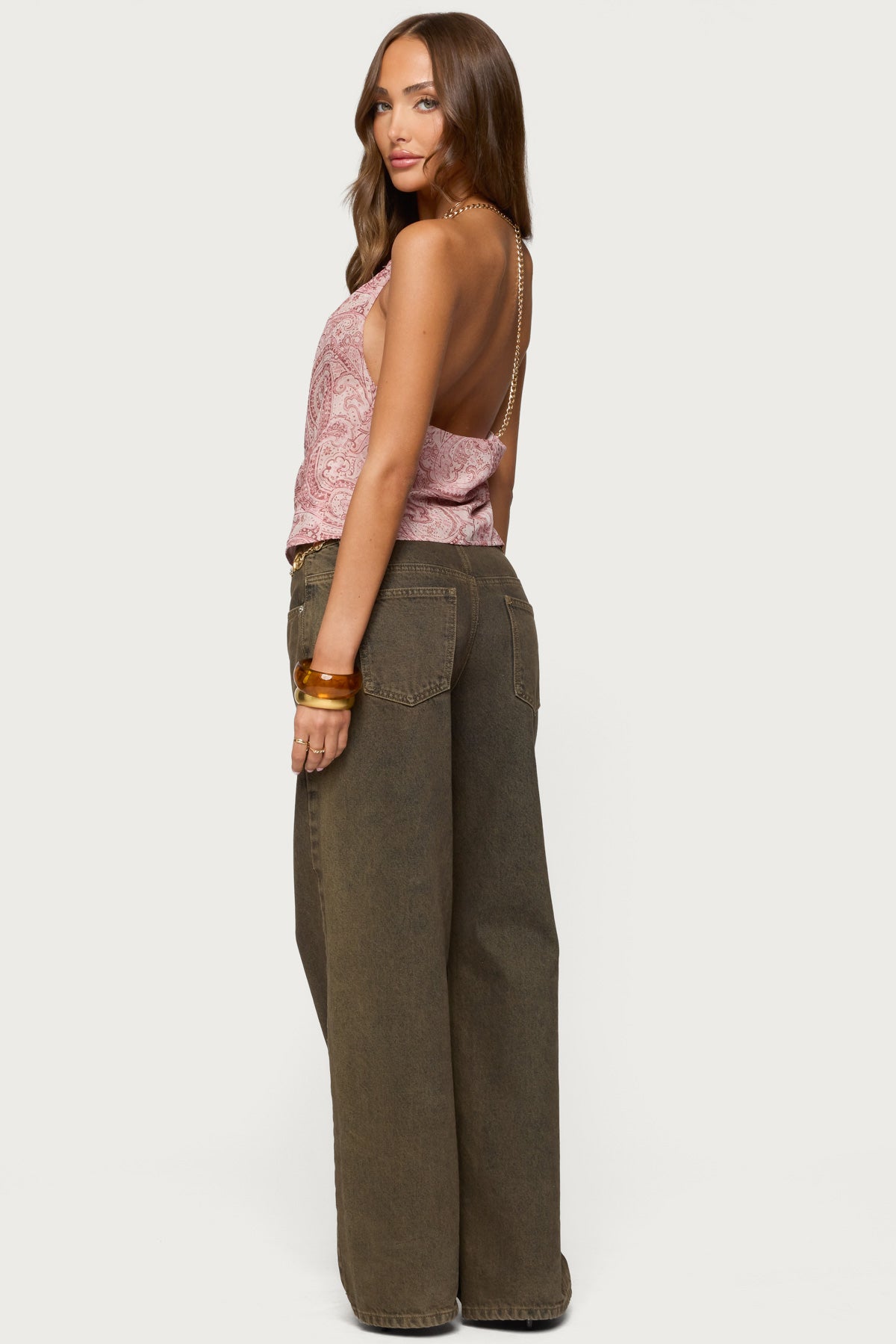 Printed Halter Chain Cowl Neck Top-Milans Time