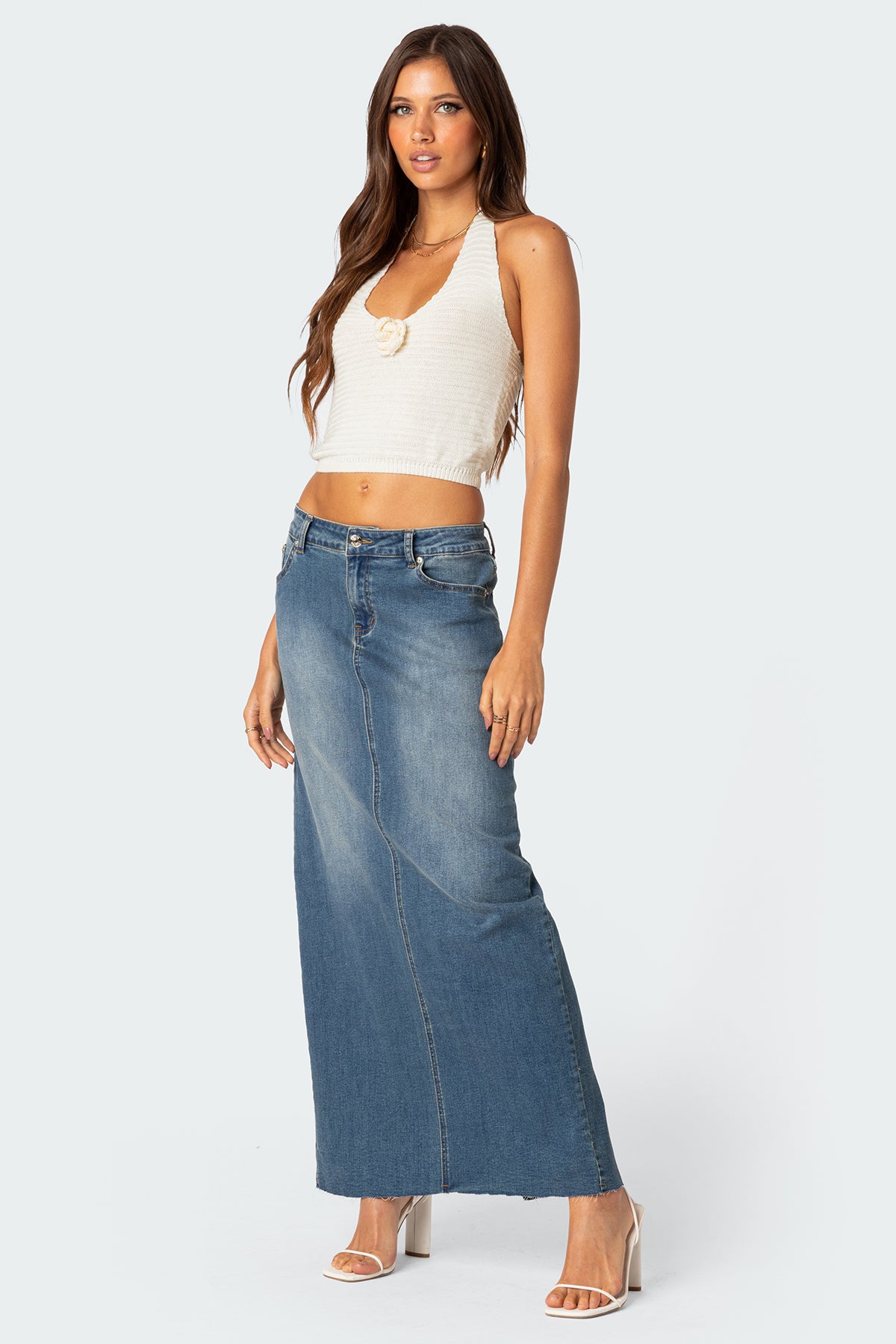 Elowyn Slitted Denim Maxi Skirt-Milans Time