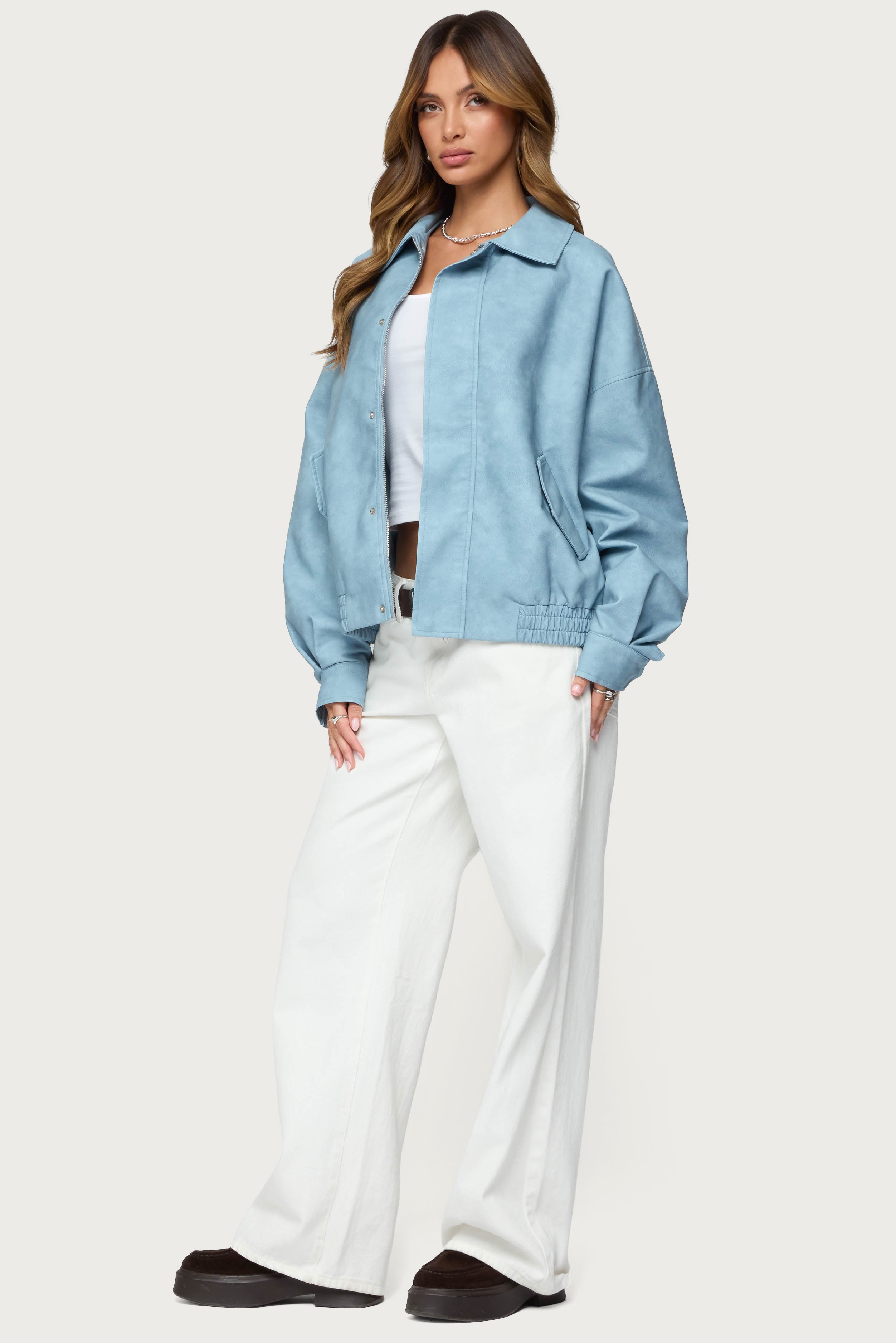 Oversized Washed Faux Leather Jacket-Milans Time