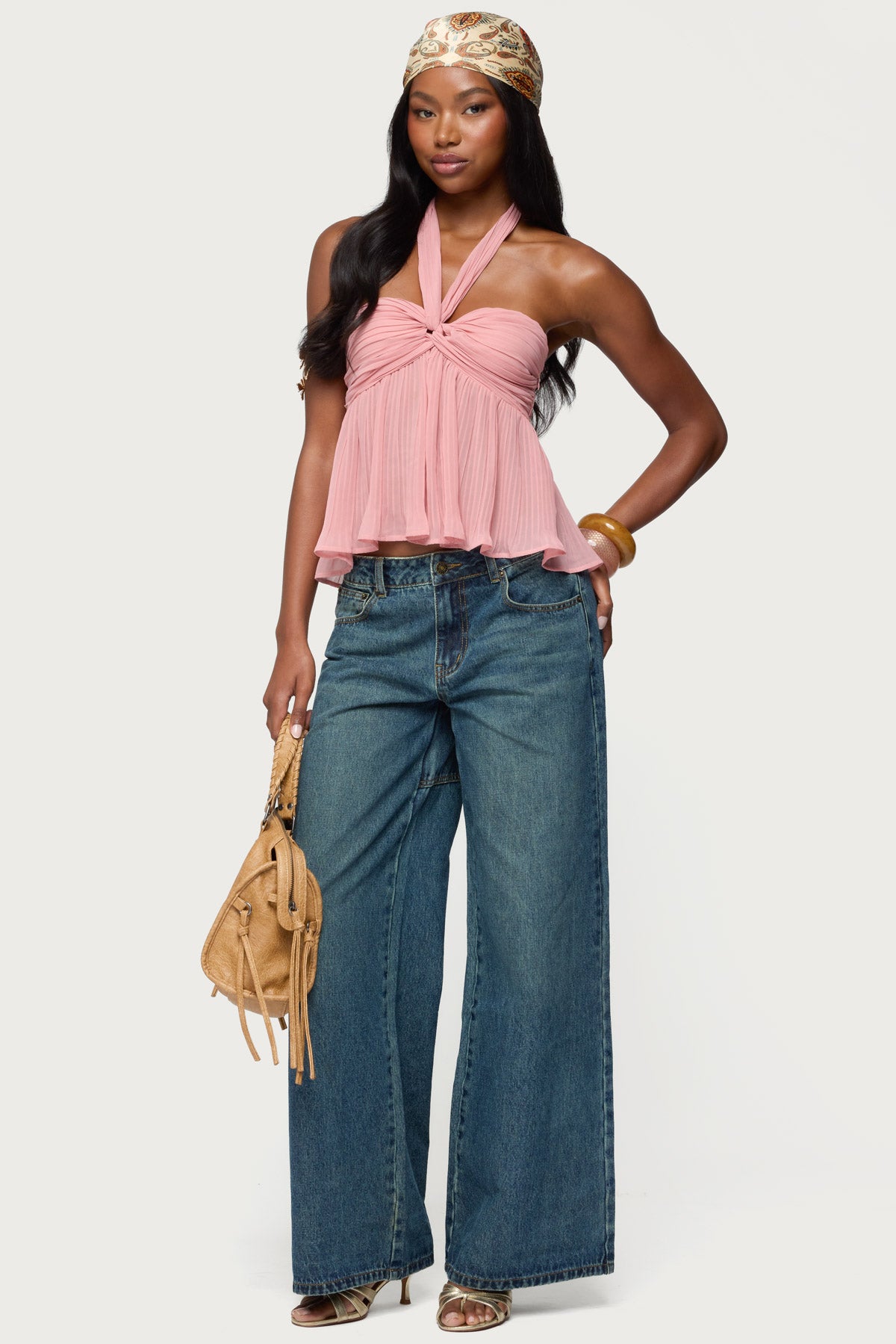Pleated Chiffon Babydoll Halter Top-Milans Time