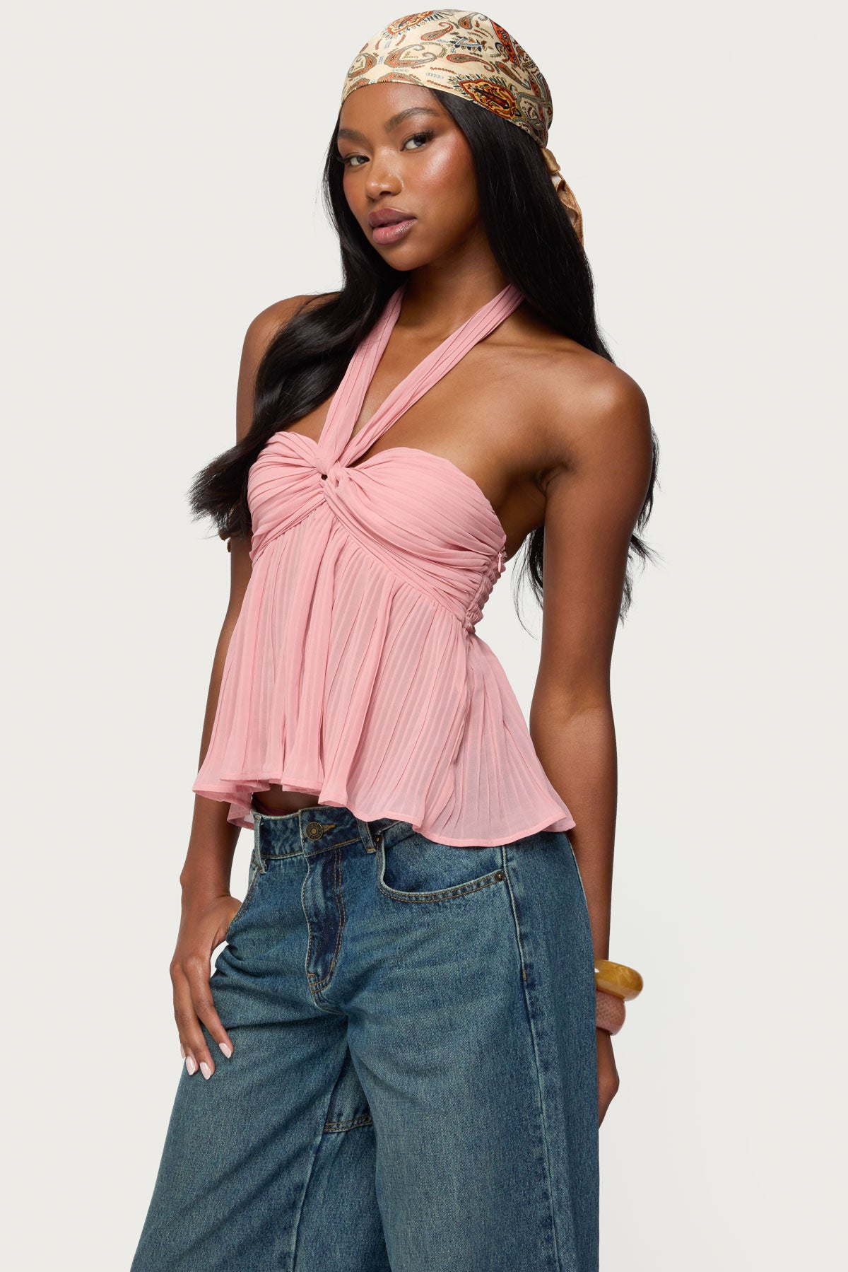Pleated Chiffon Babydoll Halter Top-Milans Time