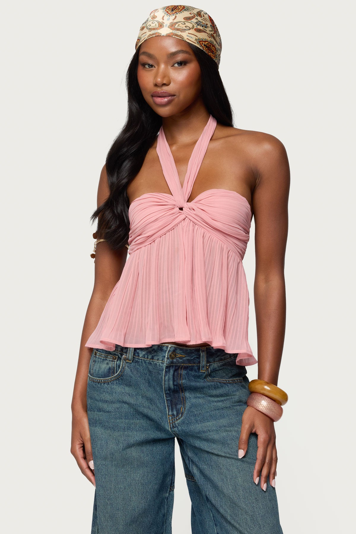 Pleated Chiffon Babydoll Halter Top-Milans Time