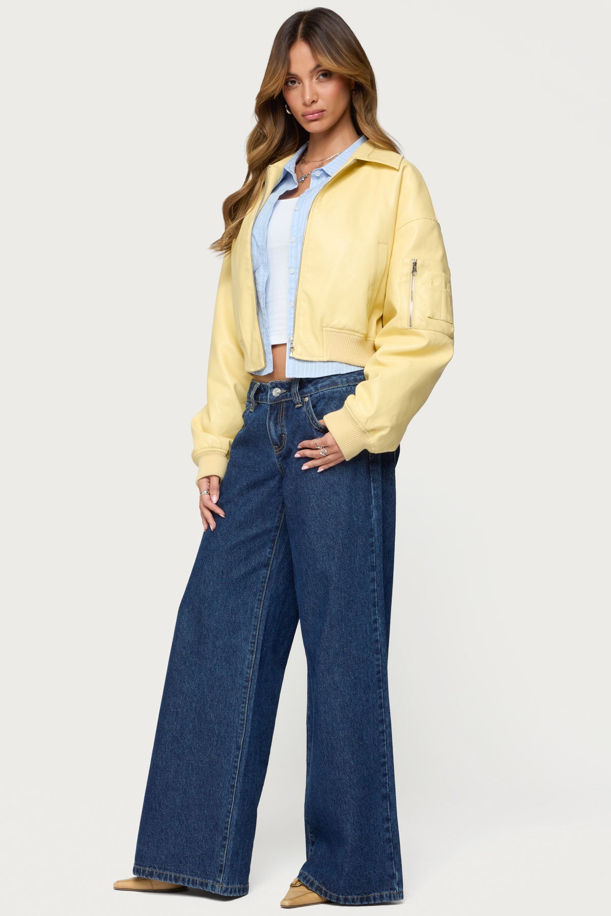 Zayna Cropped Faux Leather Bomber Jacket-Milans Time