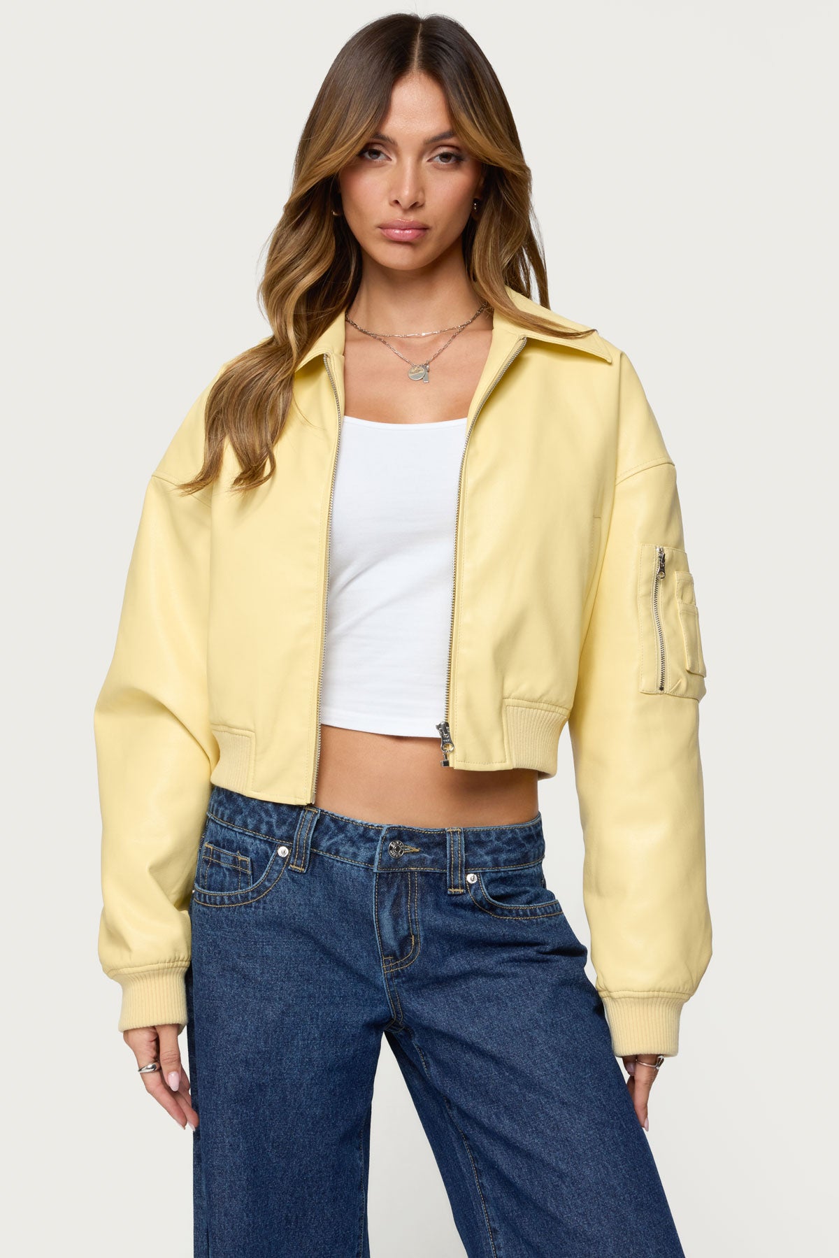 Zayna Cropped Faux Leather Bomber Jacket-Milans Time
