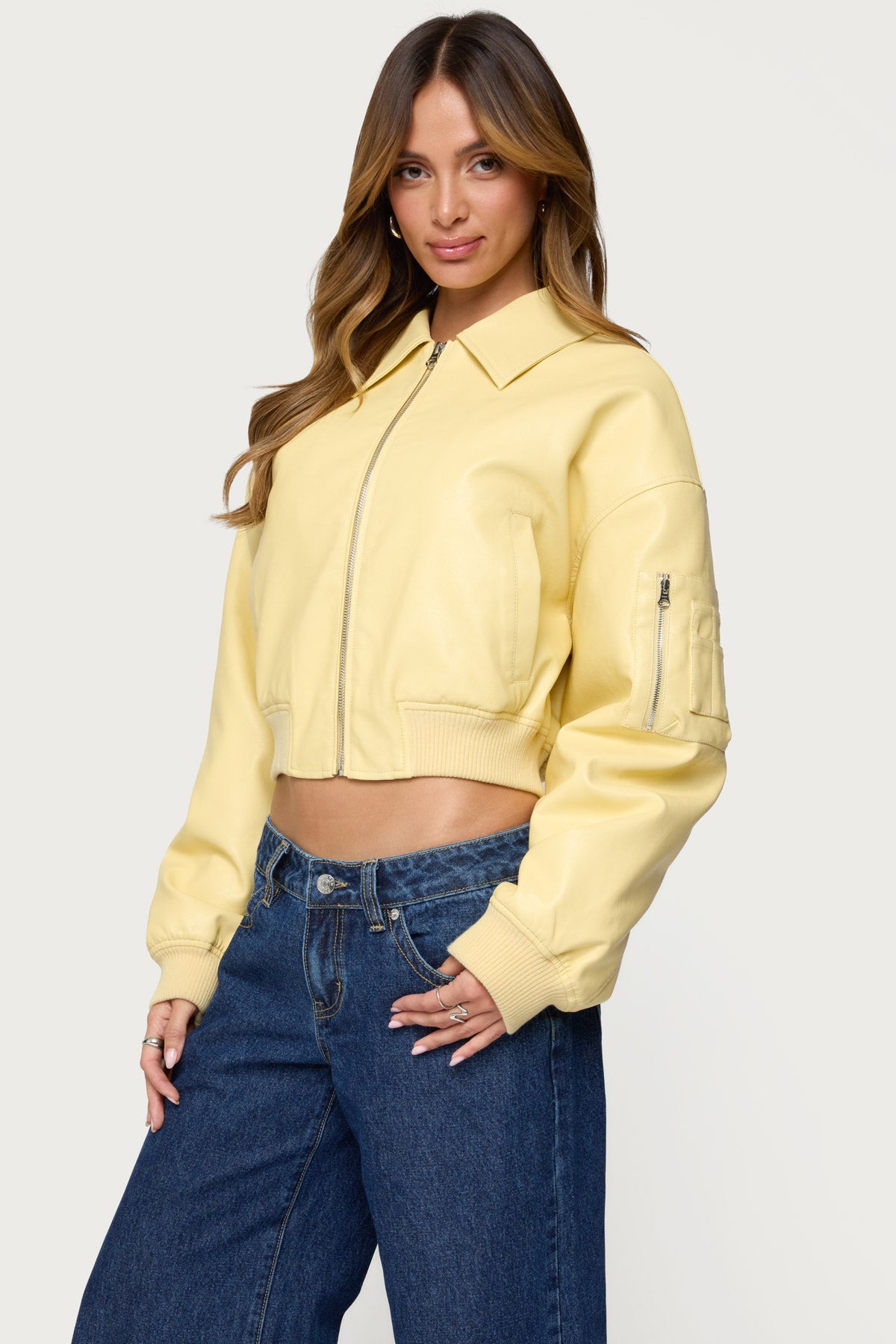 Zayna Cropped Faux Leather Bomber Jacket-Milans Time