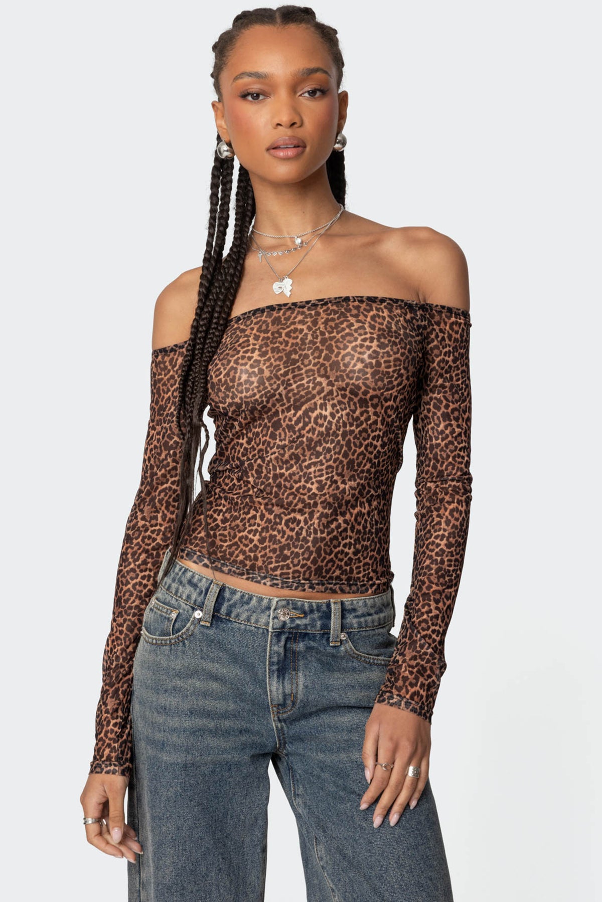 Leopard Sheer Mesh Off Shoulder Top-Milans Time