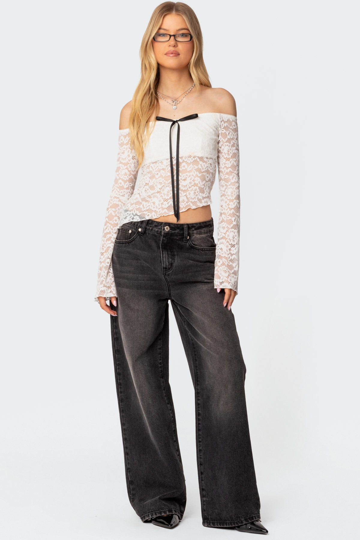 Asymmetric Sheer Lace Off Shoulder Top-Milans Time