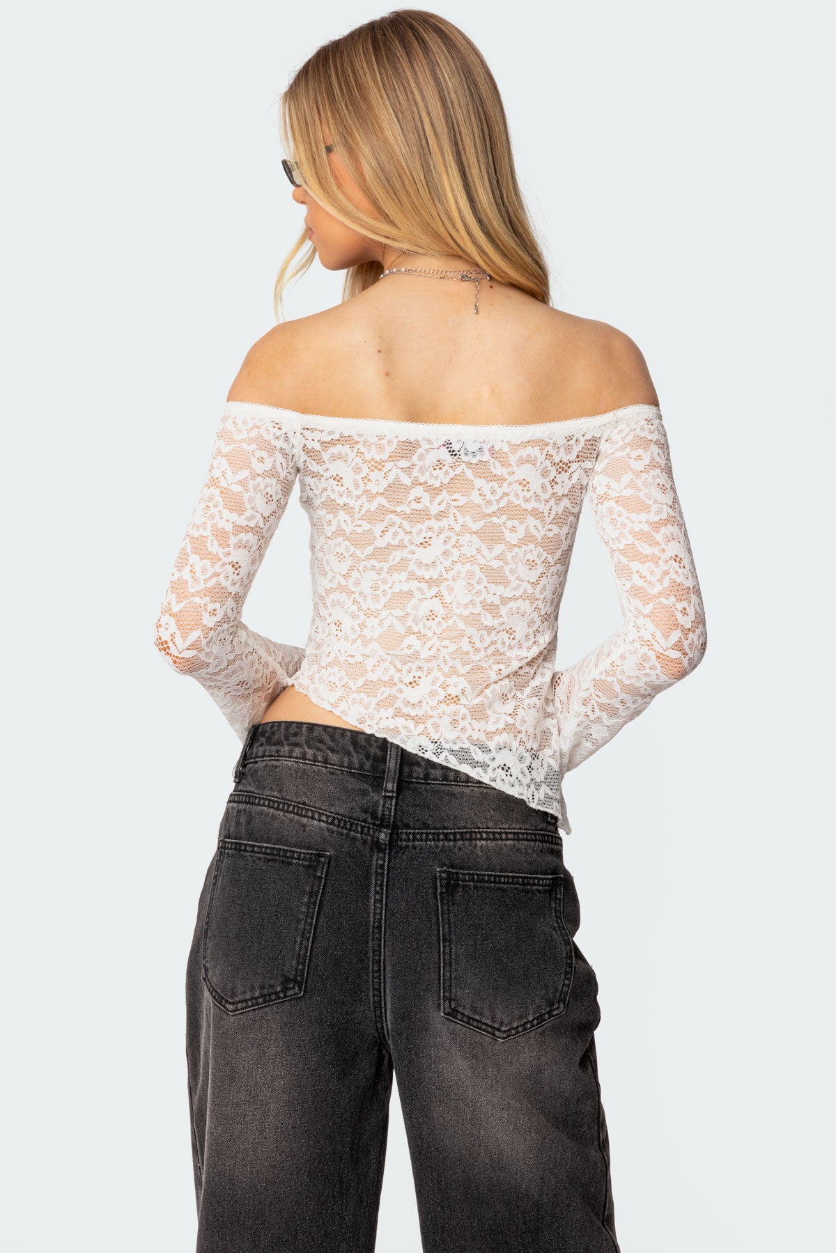 Asymmetric Sheer Lace Off Shoulder Top-Milans Time