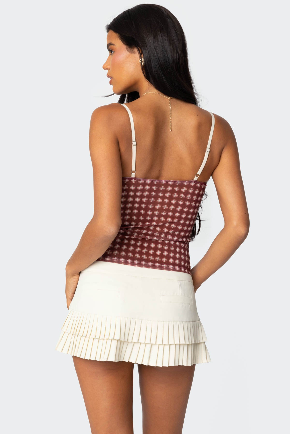 Checkered Mesh Built In Bra Top-Milans Time
