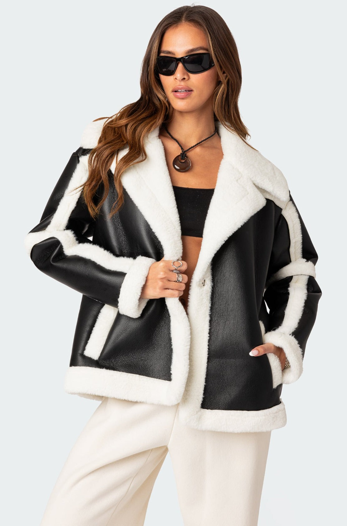 Rocki Oversized Faux Leather Shearling Jacket-Milans Time
