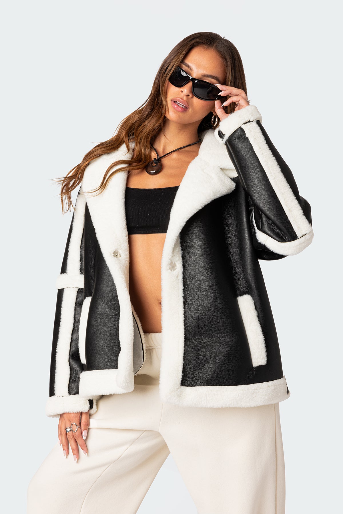 Rocki Oversized Faux Leather Shearling Jacket-Milans Time