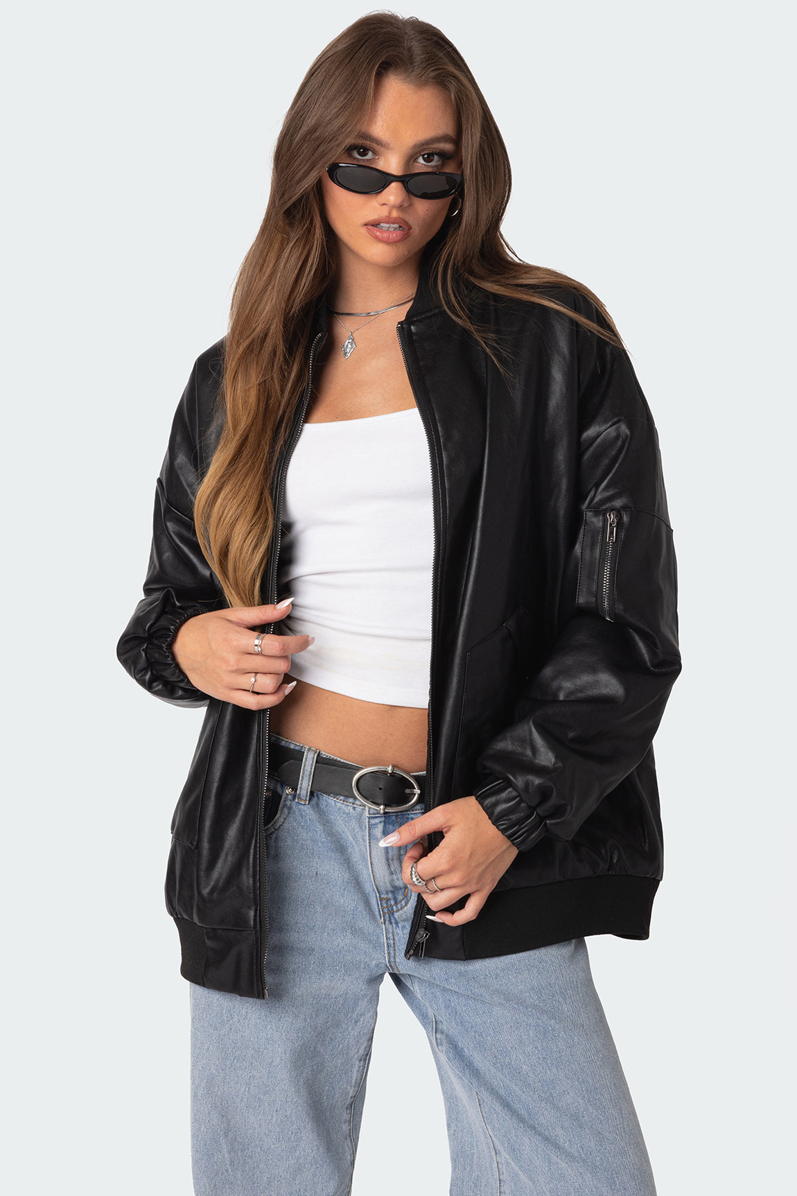 Faux Leather Oversized Bomber Jacket-Milans Time