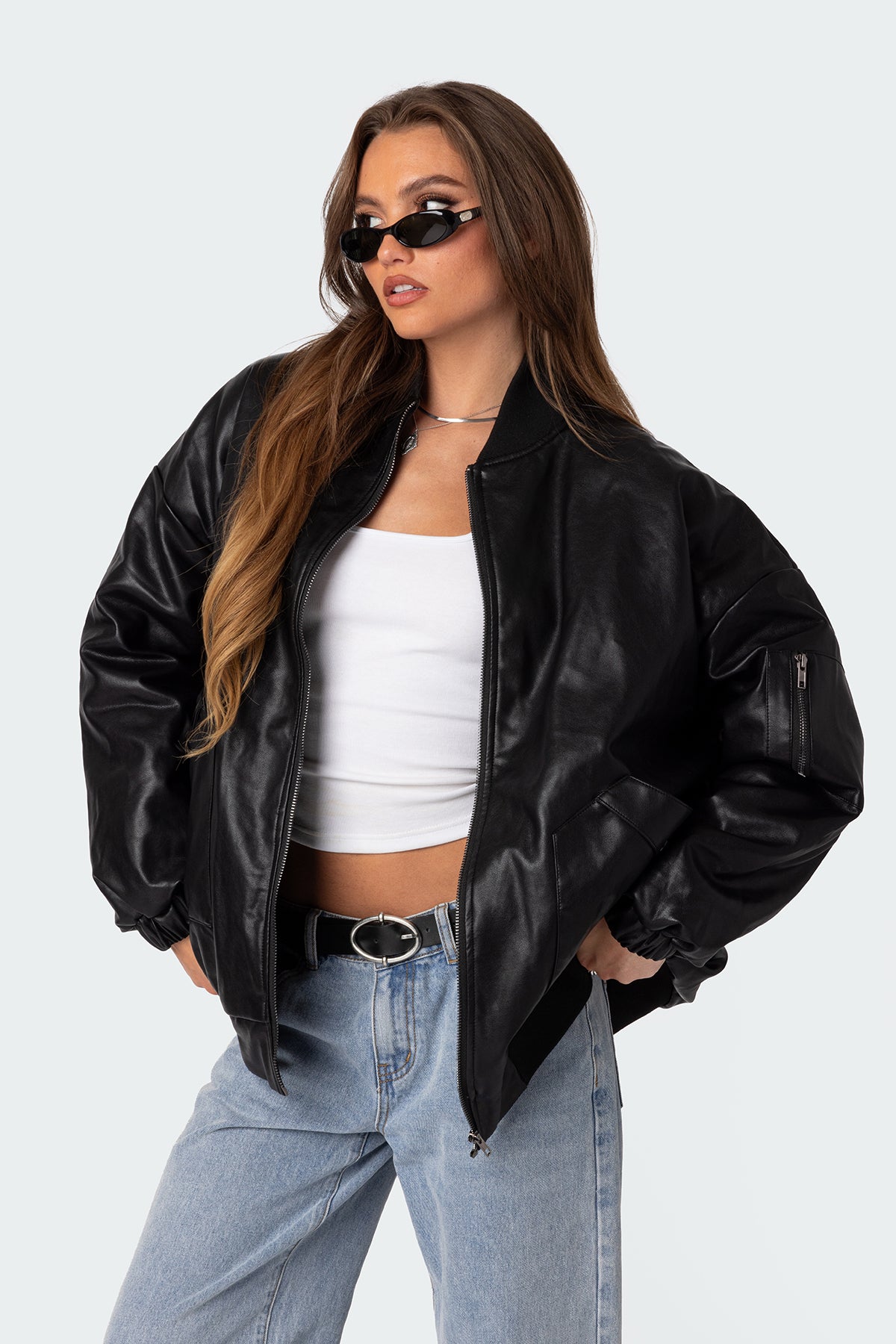 Faux Leather Oversized Bomber Jacket-Milans Time