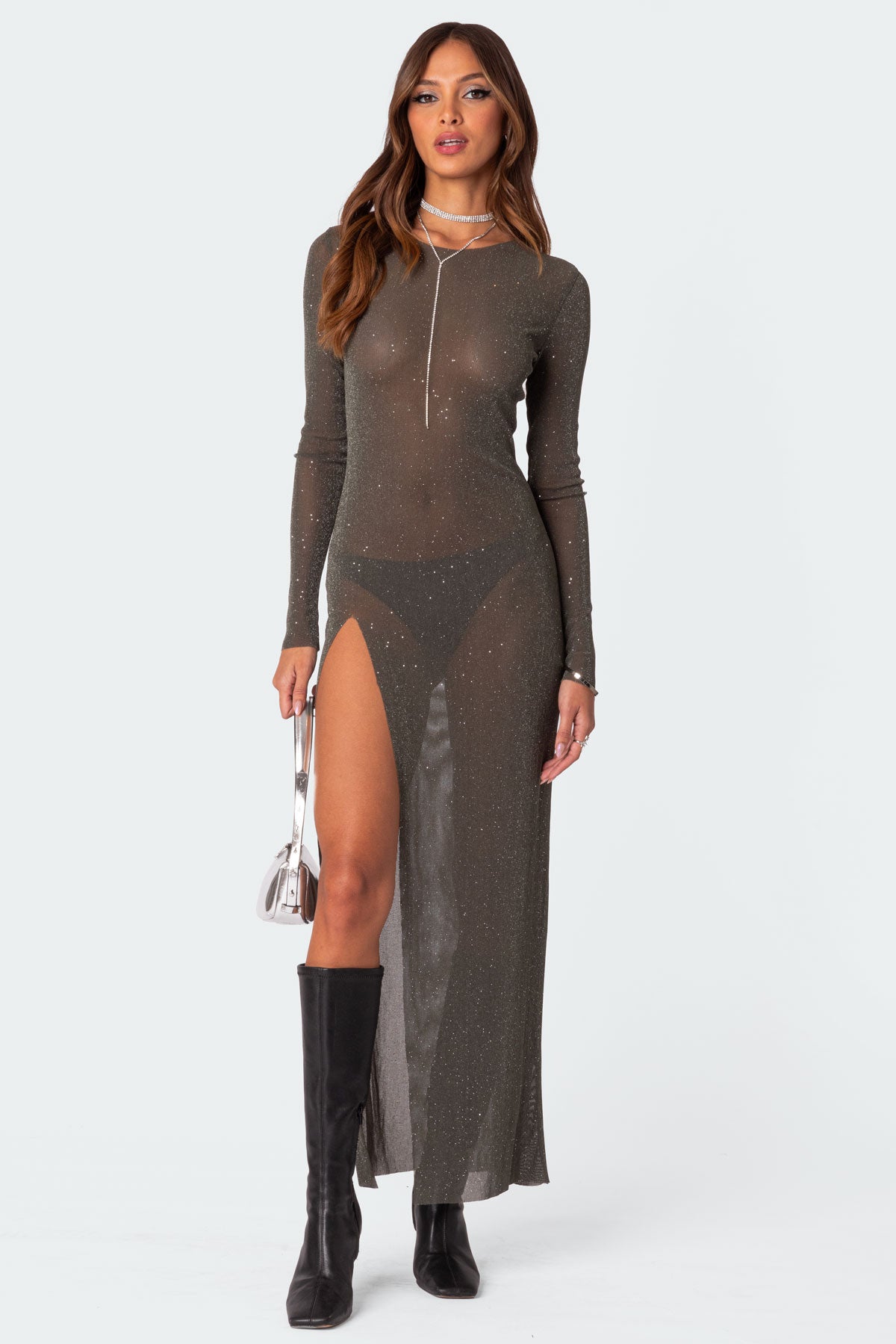 Glitter Mesh Slitted Maxi Dress-Milans Time